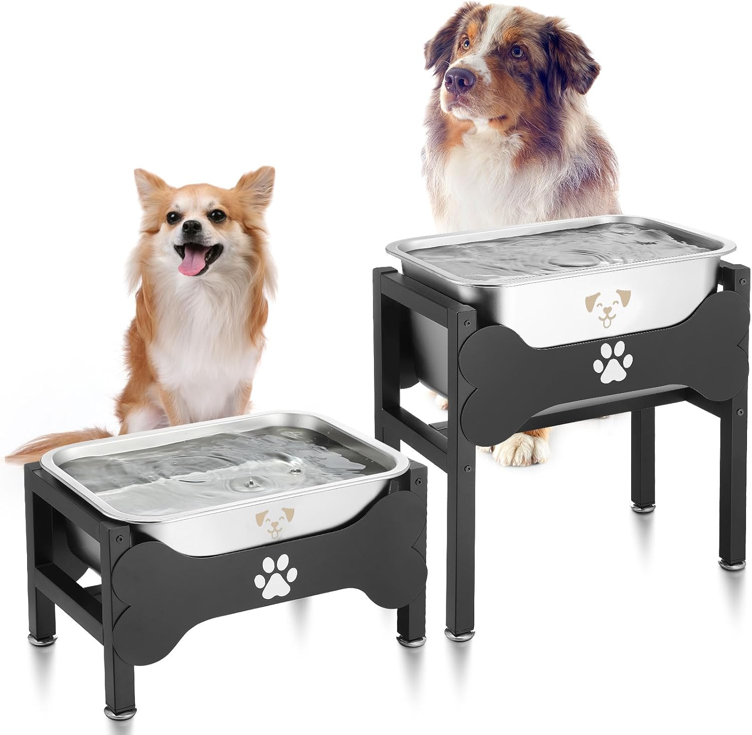 Honeydak 2 Sets Metal Elevated Dog Bowl with Stand Raised Stainless Steel Water Bowl Anti-slip High Capacity Water Food Stand for Small Medium Large Breed Dog Indoor Outdoor(2.64 Gallons,1.25 Gallons)