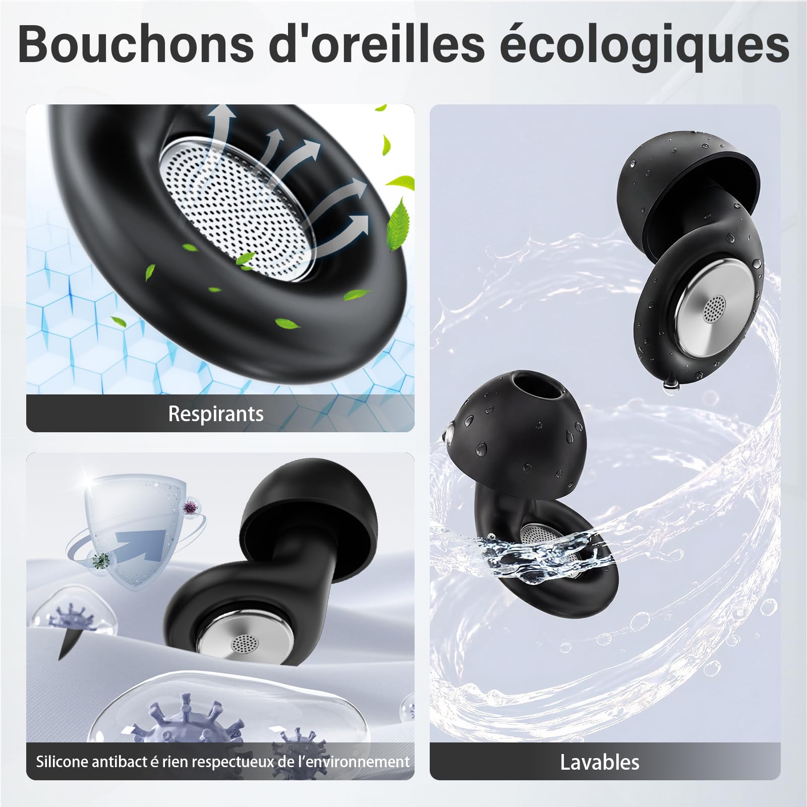 Bouchons d'Oreilles pour Dormir, 2026 Nouveau 45dB Réutilisables Réduisant le Bruit Pour Dormir, Boule Quies Protection auditive Bons pour Sommeil/Étude/Voyage/Concerts, 4 Tailles (XS/S/M/L) - Noir - 2