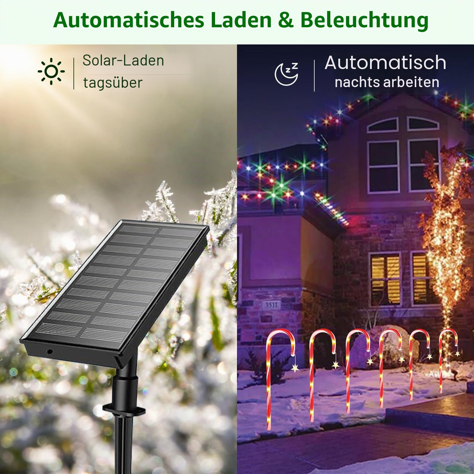 Solar Weihnachten Zuckerstangen Lichterketten, 12 Stück 72 LED Candy Cane Lichter Weihnachtsdeko, 8 Modi Solar Weihnachts Lichter Aussen, Wasserdicht Solarleuchten Garten Deko für Weihnachtsweg Rasen
