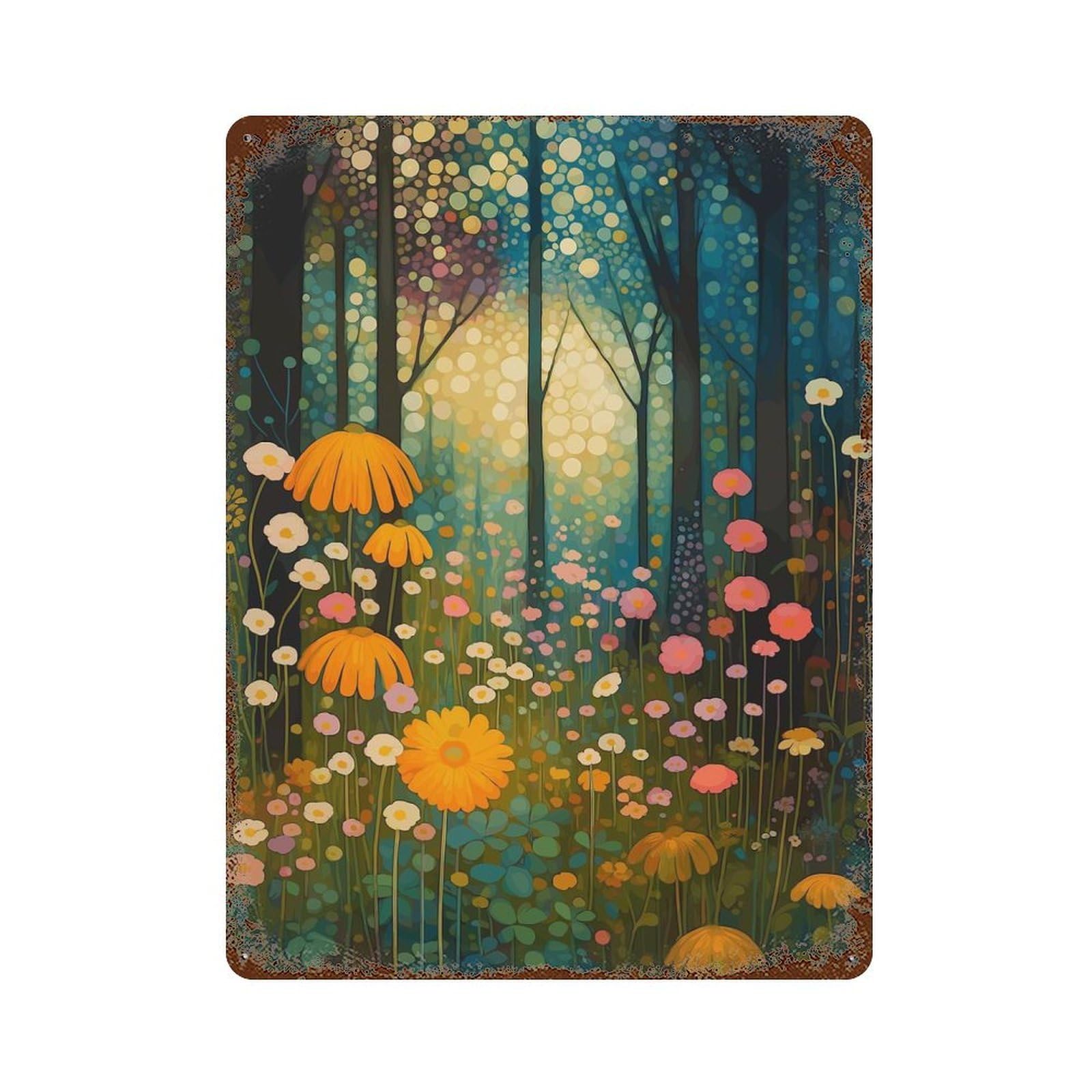 Distressed Metal Wall Sign with Floral Meadow in Forest Painting Design 15.7"x11.8", for Shed, Workshop And Garage Wall Decor, Decorative Metal Wall Art