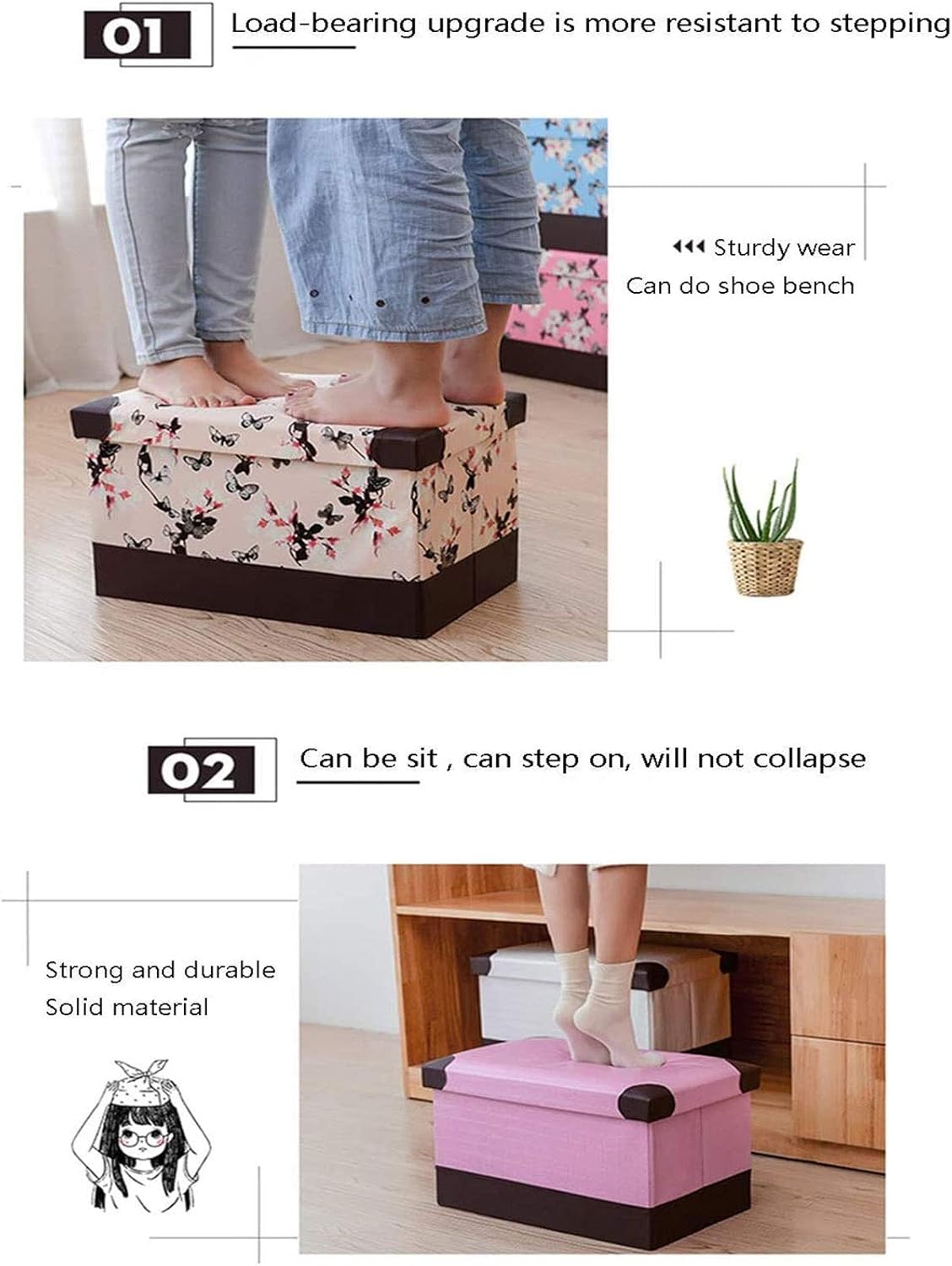 Generic Storage Stool Entryway Storage Bench Foldable Leather Storage Stool Storage s Toy Storage Box Foot Stool 40Cm,Practicalniture/Pink