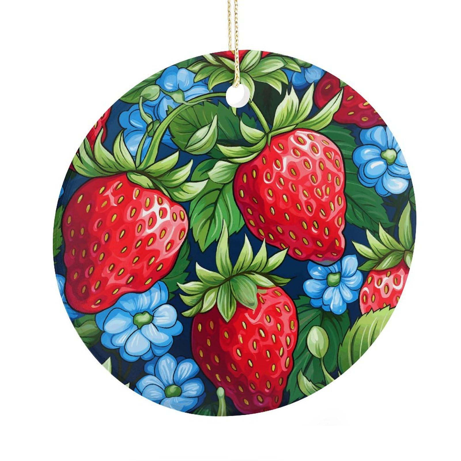 Adfgyerh Style Strawberry Pattern Ceramic Circular Pendant,2.9 Inch，Hanging Ornament，Gift Exchange Idea Round Ceramic Ornament,For Mom And Daughter，For Home Indoor Outdoor Decor.