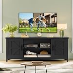 FIONESO Farmhouse TV Stand for up to 55 Inch TV, TV Stand with 2 Cabinets & Shelf, TV Table with Metal Frame and Cable Management, Entertainment Center for Living Room, Bedroom, Black