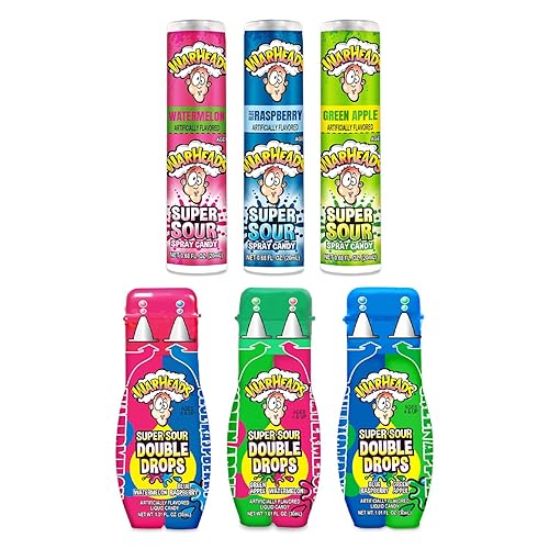 WARHEADS Super Sour Double Drops & Candy Spray Sampler - Caramelos líquidos surtidos con sabor afrutado - 6 paquetes con 1 de cada uno