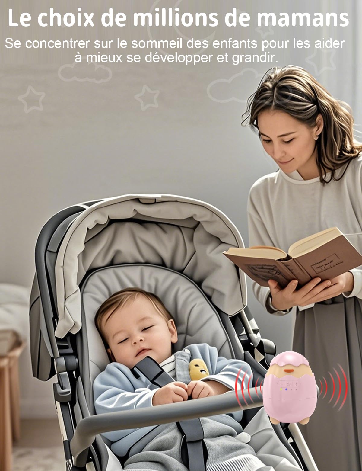 Robofun Balançoire Automatique Pour Bébé, Rocker Rechargeable- Accessoire Électrique Portable avec 30-60-90 Minuterie et 5 Vitesse Réglable - Compatible avec la Majorité des Poussettes, Rose
