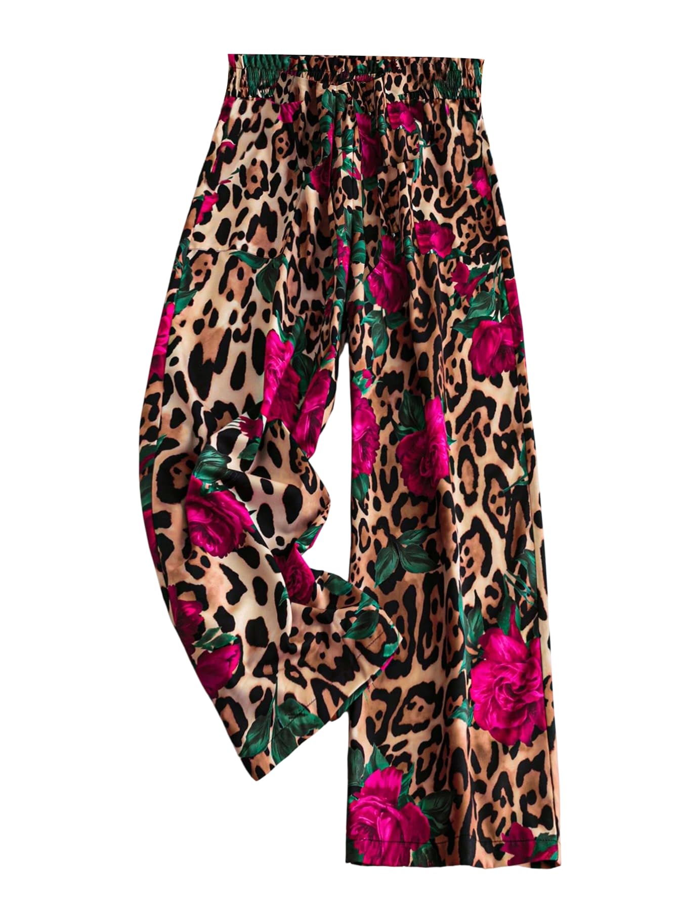 GORGLITTER Womens Cheetah Floral Print Wide Leg Pants Elastic High Waist Flowy Trousers Pants