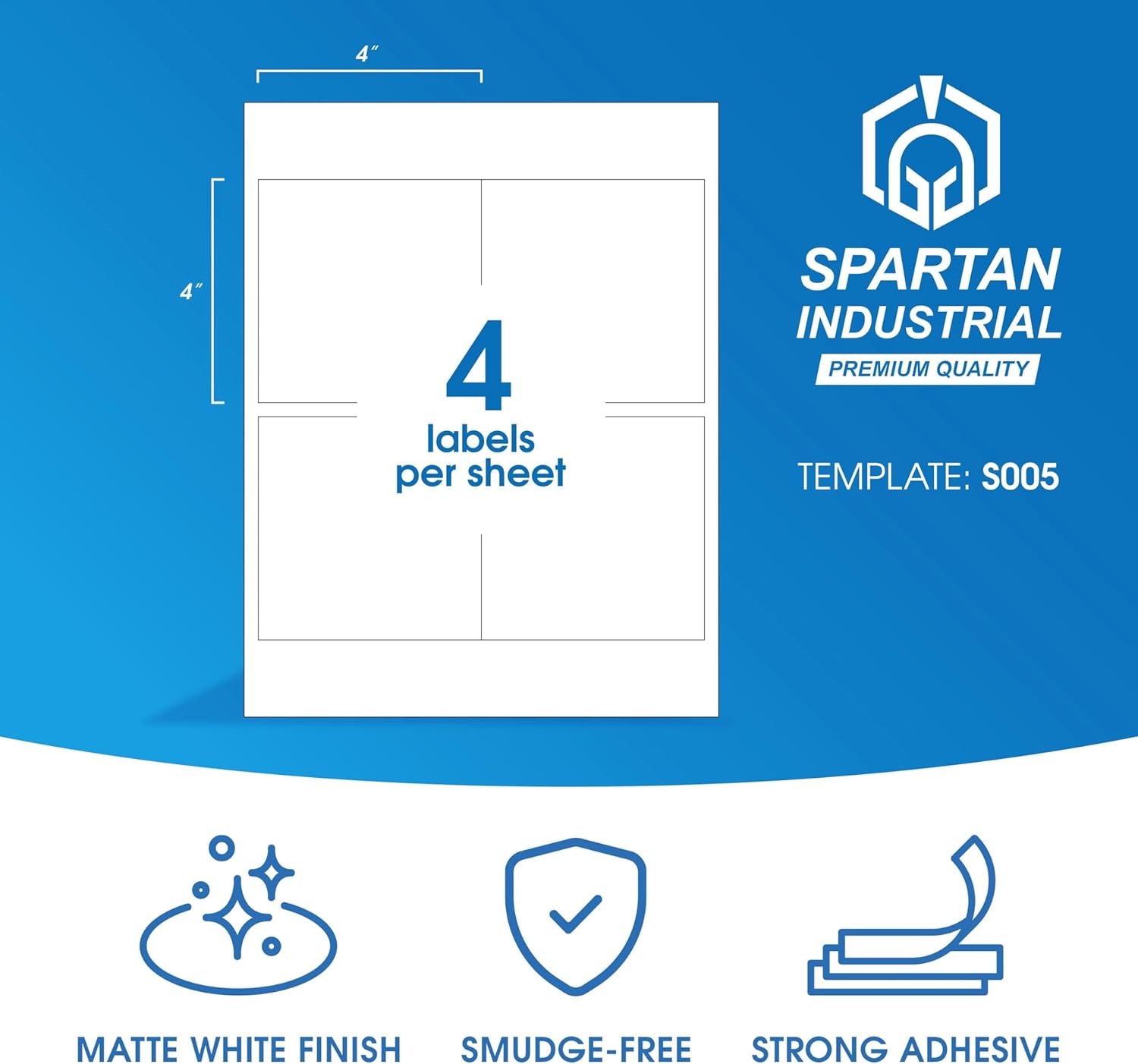 4" X 4" Square Printable Labels for Inkjet and Laser Printers - 500 Sheets, 2000 Matte White Custom Stickers for Business Logos, QR Code Stickers, Product Labeling - Spartan Industrial Template S005