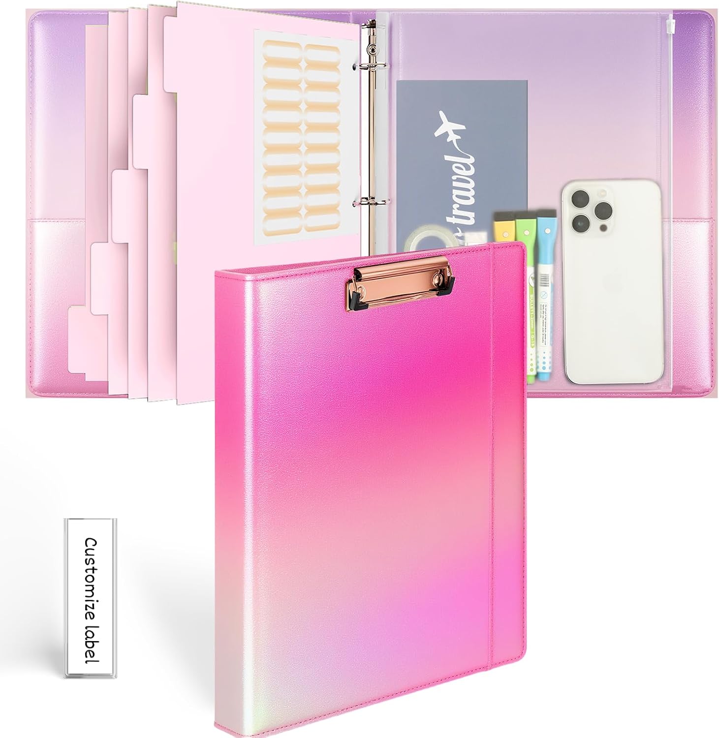 3-Ring Binder 1-inch with Clipboard, Holographic Pink Glitter Design, Including 5 Divider Pages, File Bag and Spine Label - Perfect for Schools, Offices and Organizations Pnk Holographic 1 inch?Binder with Clipboard?