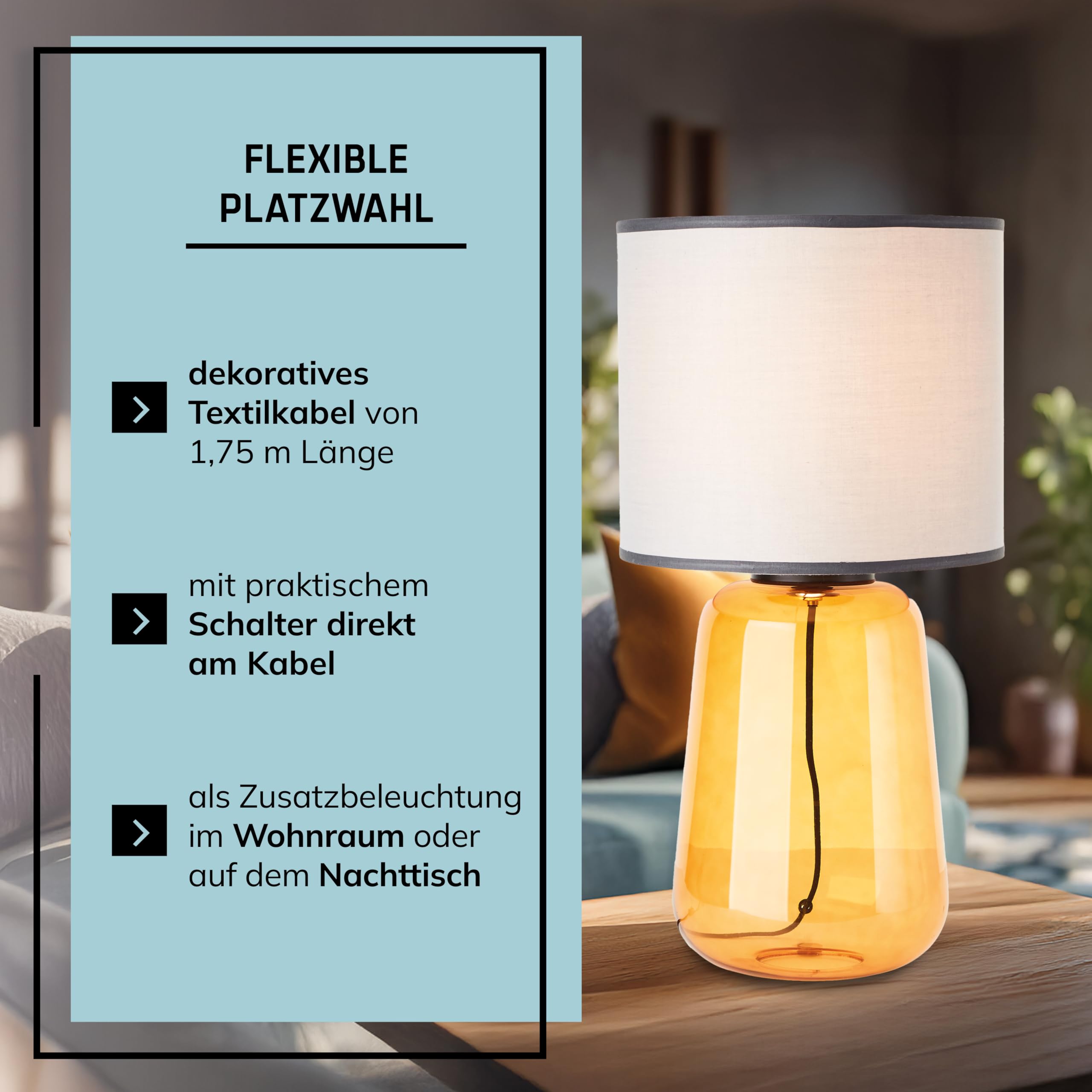 Lightbox Tischlampe - Tischleuchte mit Stoffschirm - Lampe für Wohnzimmer, Schlafzimmer & Fensterbank - exkl. E27 LED