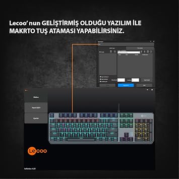 Lecoo GK301 USB Wired Red Switch Mechanical Gaming Keyboard - Macro Key Assignment, RGB LED Illumination, QWERTY Turkish Key Array, Gaming Turkish Q Keyboard Metallic Grey