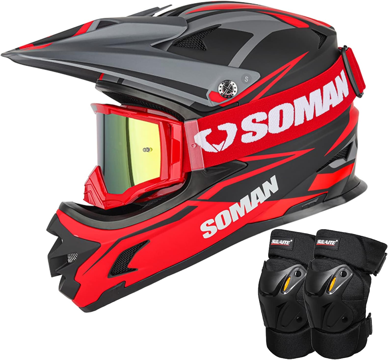 Full Face Off Road Motocross Crash Helmet with Goggles and Knee Pads, BMX Helmets Motorcycle Cross Helmets, Adult Kids Downhill Quad Bike ATV Go-Kart Mountain Bike Helmets, DOT/ECE Approved