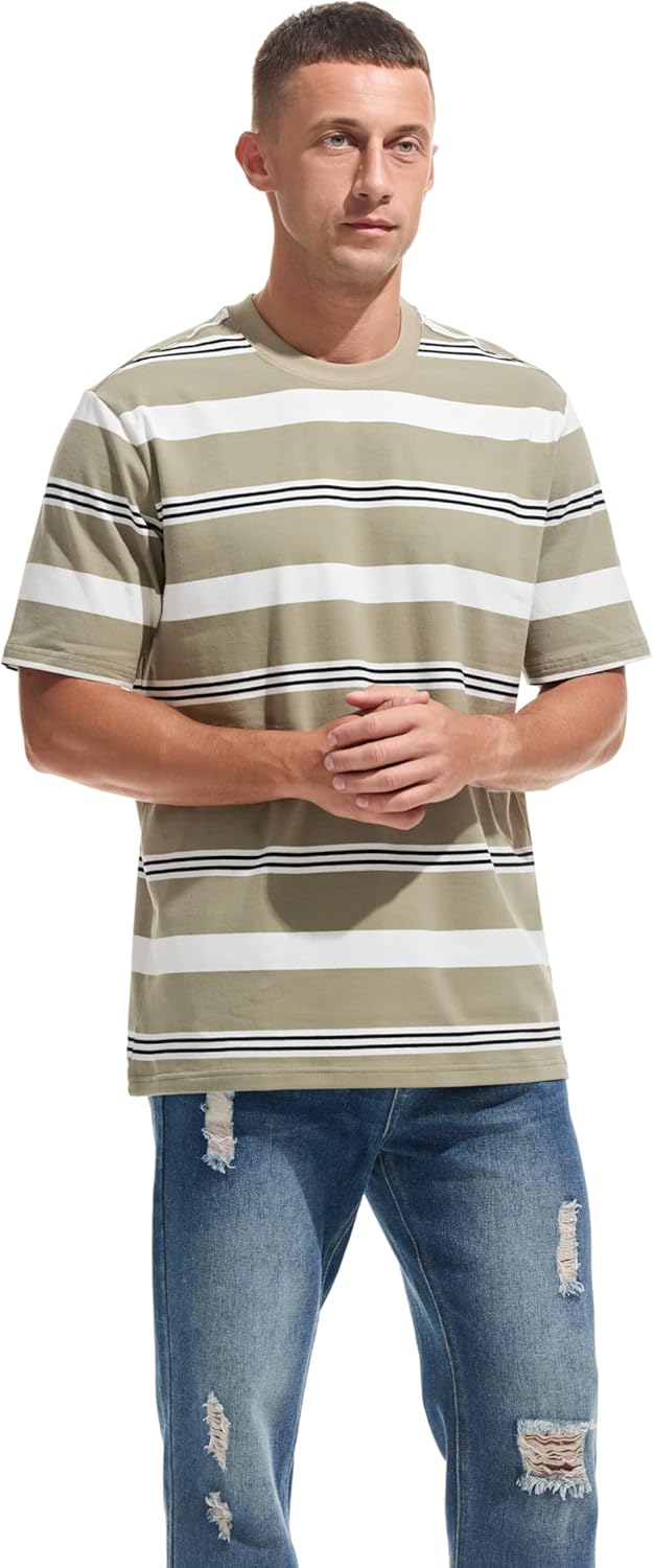 KLIEGOU Men's Fashion Loose Fit Crewneck Stripe T-Shirt - Image 3