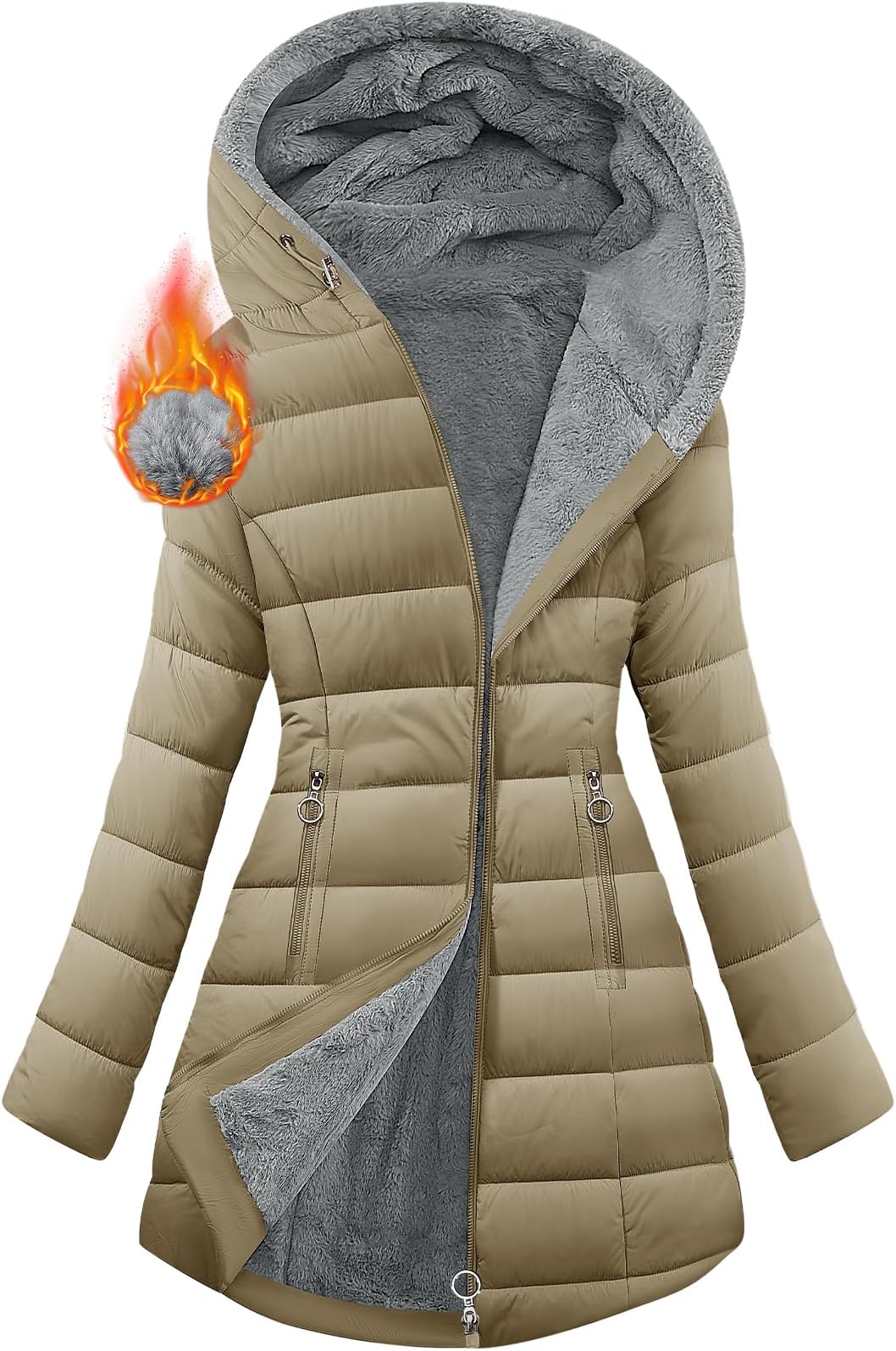 HEEKPEK Women's Winter Warm Puffer Coats Fleece Hood Zipper Long Jackets Slim Fit Drawstring Thicken Overcoats with Pockets