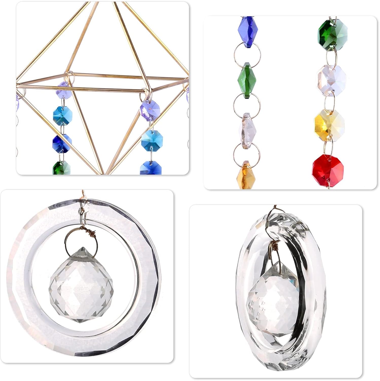 rockcloud Handmade Air Plant Holder Metal Modern Geometric Planter Crystal Glass Hanging Ornament Wind Chime for Home Office Garden Decoration, Clear