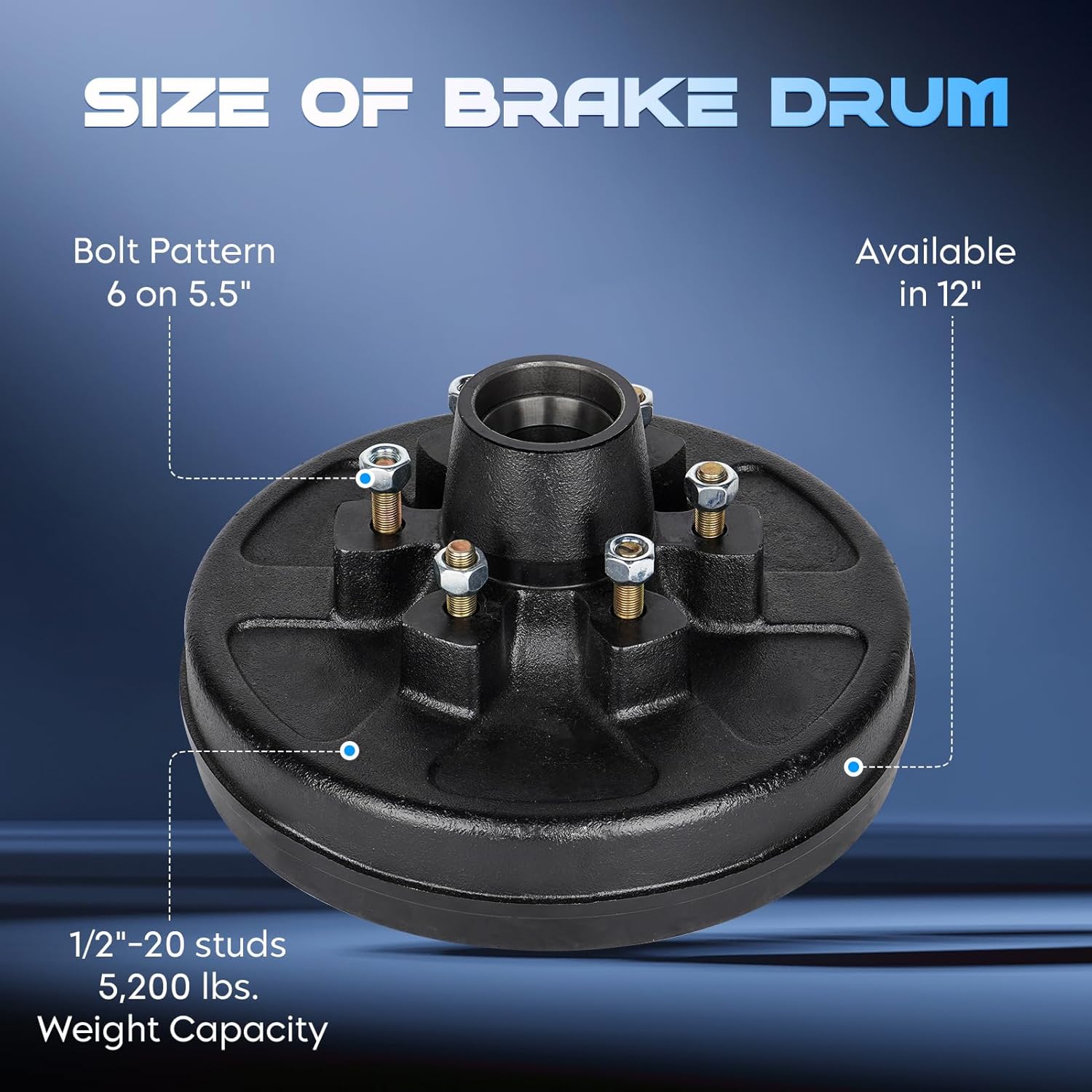 Youxmoto 6 on 5.5" Trailer Hub Brake Drum Kits, with 12" x 2" Self-Adjusting Electric Brakes, for 5200 Lbs Axle, Replacement Brake Hub Drum Assembly for Rvs, Trailer and Semi Truck