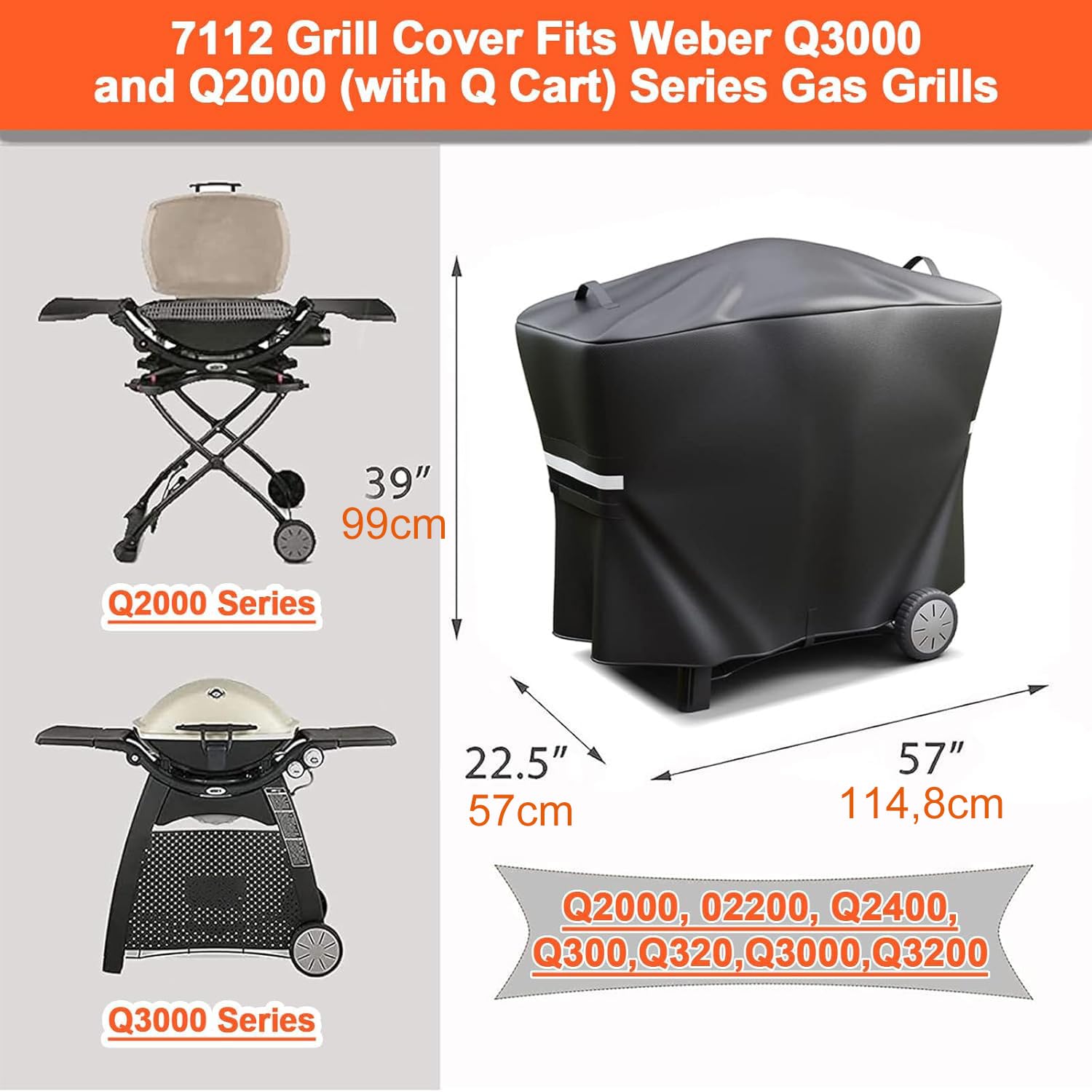 Denmay 7112 Grill Cover per Weber Q2000 Q2200 Q2400 Q300 Q3000 Q3200 Series Griglie, 145CM 600D Impermeabile e Resistente ai Raggi UV
