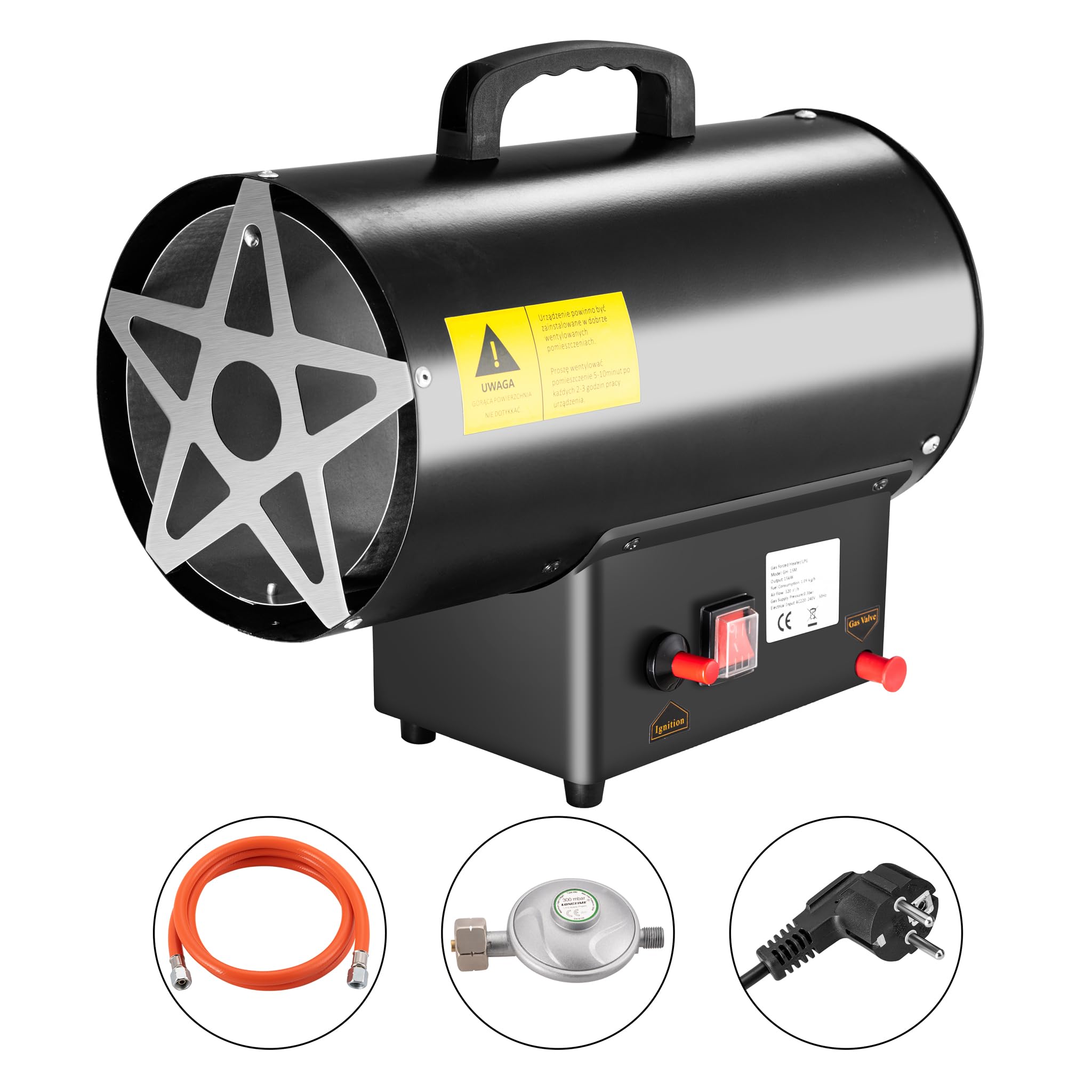 Generatore Riscaldatore Cannone Ventilato aria calda a gas GPL 15 kW, con avviamento piezoelettrico con regolatore e tubo 1,5 m