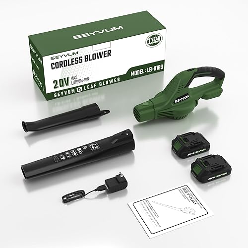 Miniatura 8 de SEYVUM Soplador de hojas, soplador de hojas inalámbrico de 20 V con 2 baterías de iones de litio, soplador de hojas eléctrico para cuidado del
