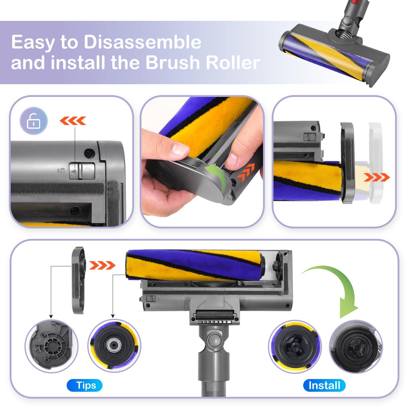 Cabezal de Cepillo Eléctrico para Dyson V7, V8, V10, V11 y V15, Cepillo del Rodillo con Luces LED para Revelar el Polvo Invisible y Rodillo Suave para una Limpieza Eficaz en Suelos Duros