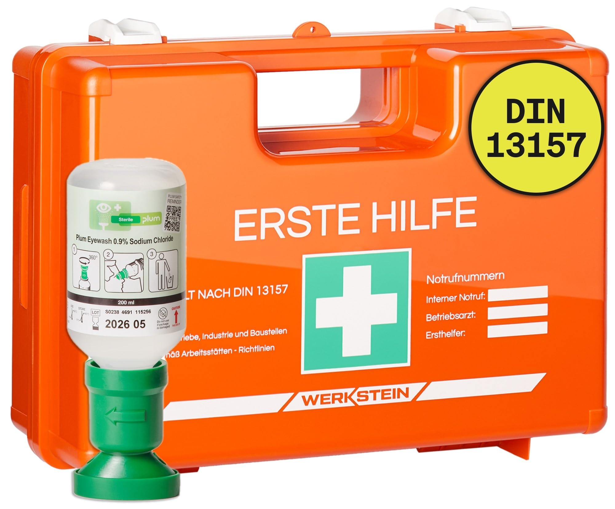 Erste Hilfe Kasten DIN 13157:2021 I Inkl. Augenspülflasche 200ml, praktischer Wandhalterung, 5x Aufkleber & Plombe I Erste Hilfe Koffer für Betriebe, Einrichtungen & Zuhause I Verbandskasten Orange