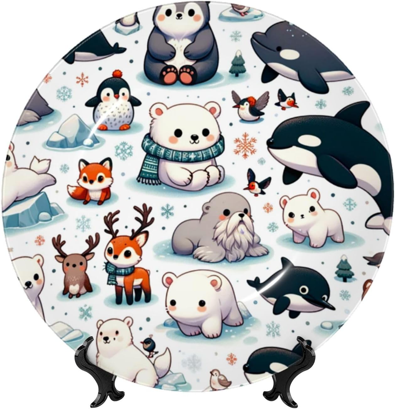 Arctic-Circle-Cute-Animals 10 Inch Decorative Plate With Stand, Elegant Display Wall Plate For Home Decor