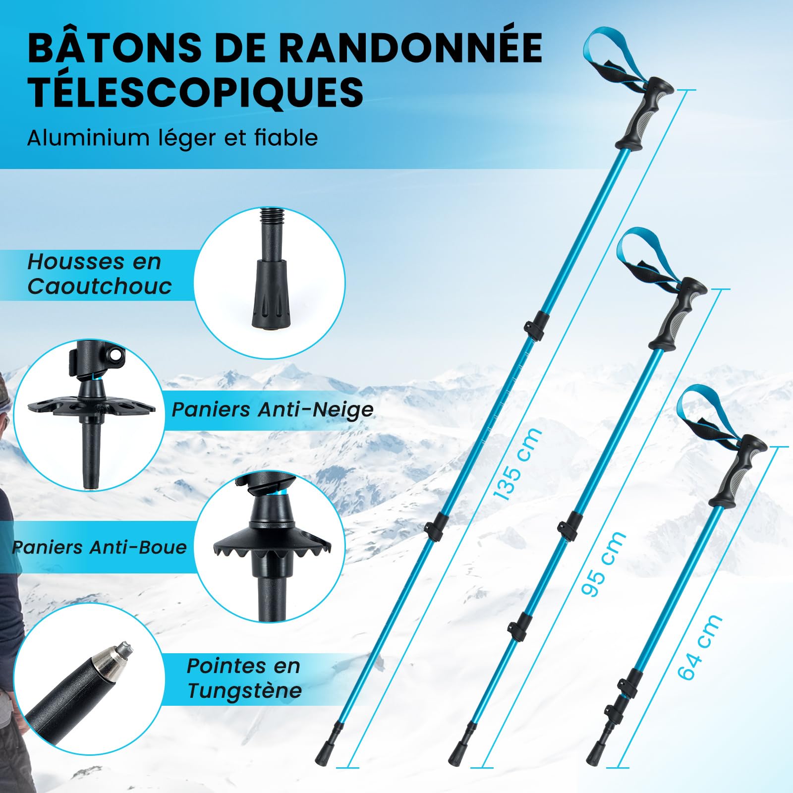 GYMAX Ensemble de Raquettes à Neige avec Bâtons en Aluminium, Paniers à Neige et Boues Fournis, Raquettes pour Pointure 35-45 EUR, Équipement de Montagne avec Sac pour Hommes et Femmes, Charge 90 KG