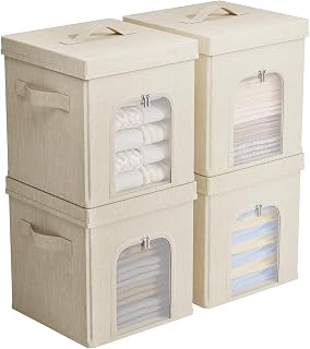 FHSQX 4 Packs Fabric Collapsible Storage Bins with Lids | Decorative Organizer Boxes with Clear Window & Sturdy Handles for Closet, Shelf & Home Organization (4, Beige, 9.8*9.8*9.8in)