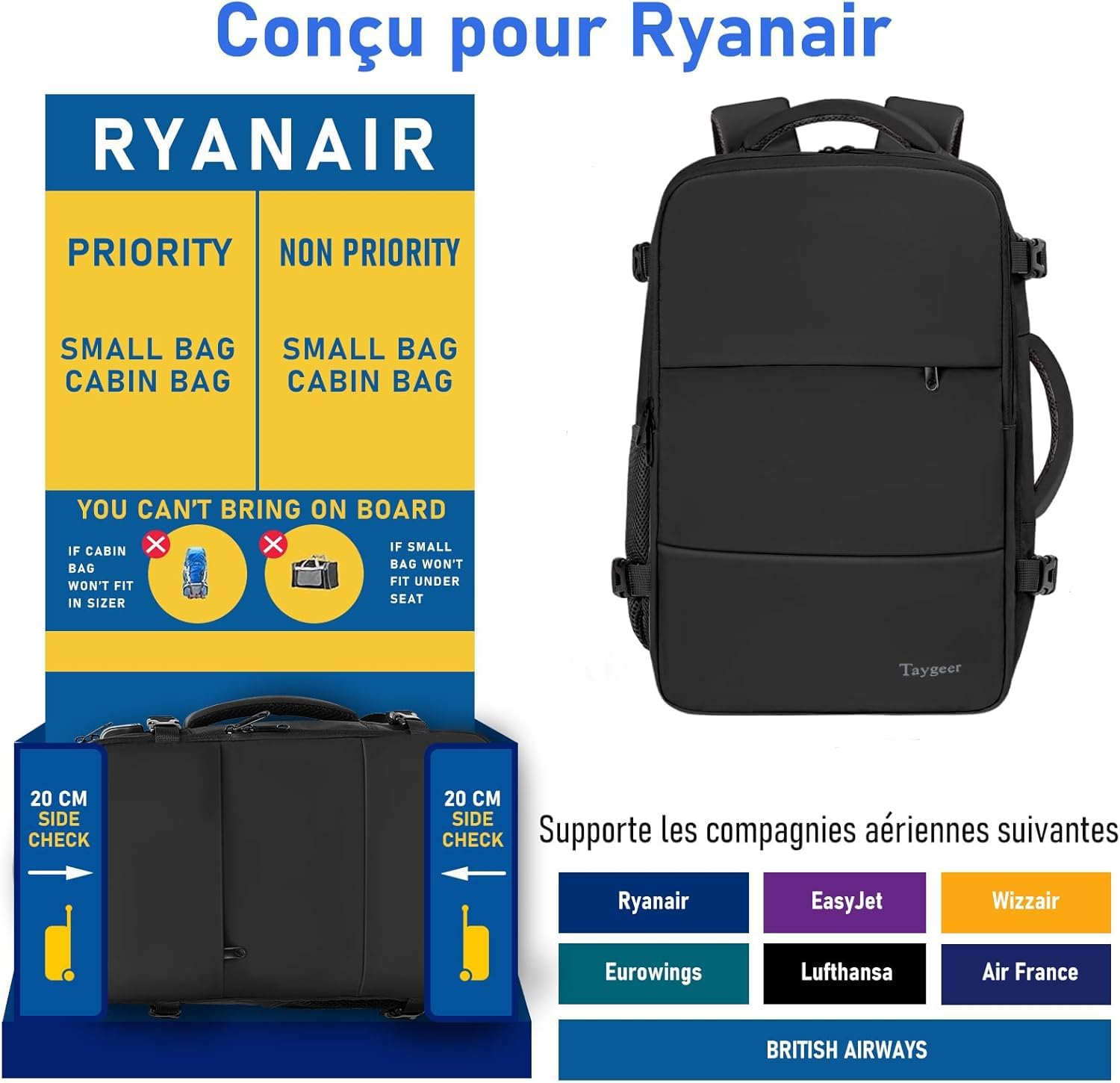 Taygeer Bagage Cabine 40x30x20 Ryanair, Sac a Dos Voyage Cabine Avion 40x30x20 Comme Cadeau Voyage, Imperméable Valise Cabine Bagage à Main, avec Sac à Chaussures, Homme Femme, Campus, Noir