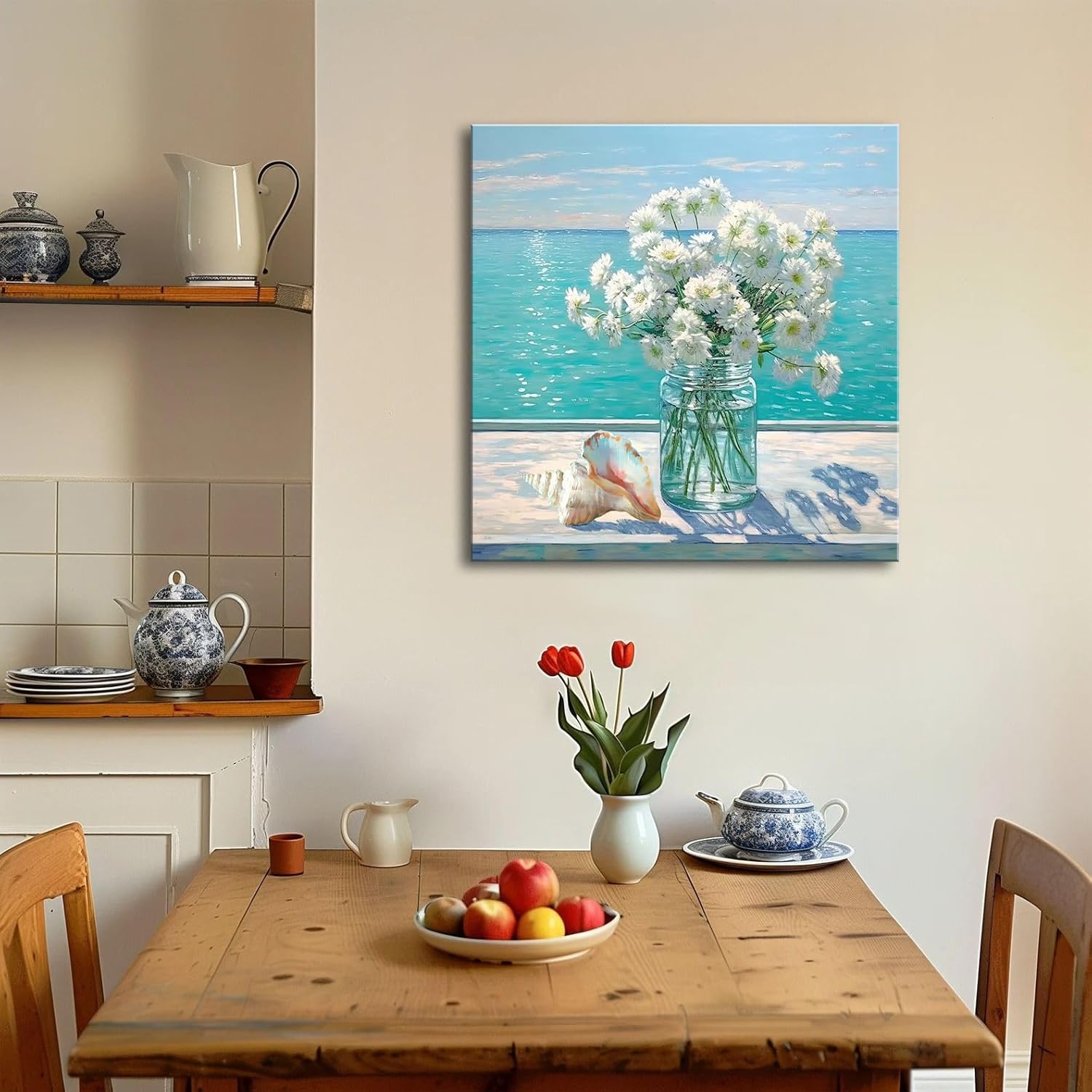 Ocean Flower Bathroom Decor Daisy Floral Canvas Wall Art Coastal Nautical Seashell Seascape Framed Picture Ocean Theme Painting Artwork for Bedroom Home Decoration Square Blue 20"x20"