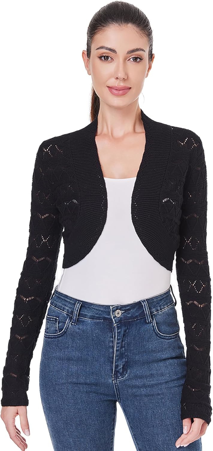 AmélieBoutik Women Long Sleeve Lightweight Cable Knit Hollow Out Cropped Cardigan Open Front Bolero Shrug - Image 3