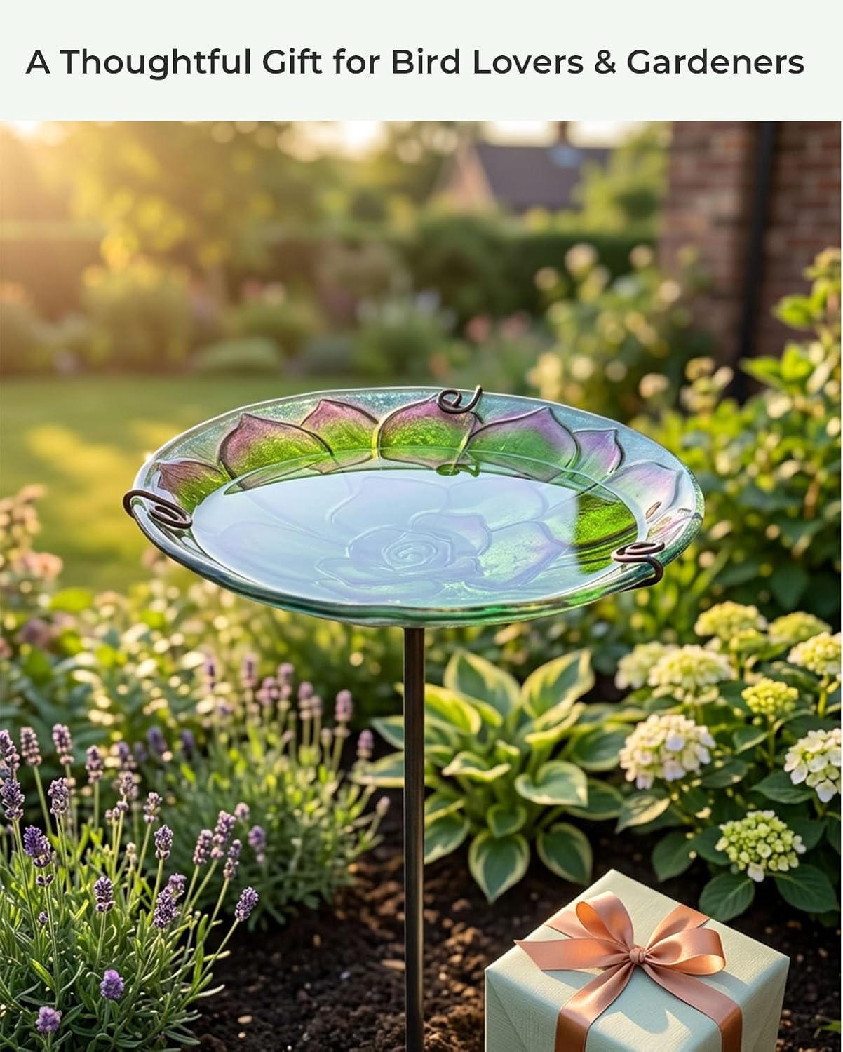 10.5" D Glass Bird Bath with Stake – Shallow Bird Bath for Outside Garden Backyard – Decorative Birdbath & Feeder for Patio Lawn – Hand-Painted Glass Water Dish, Green