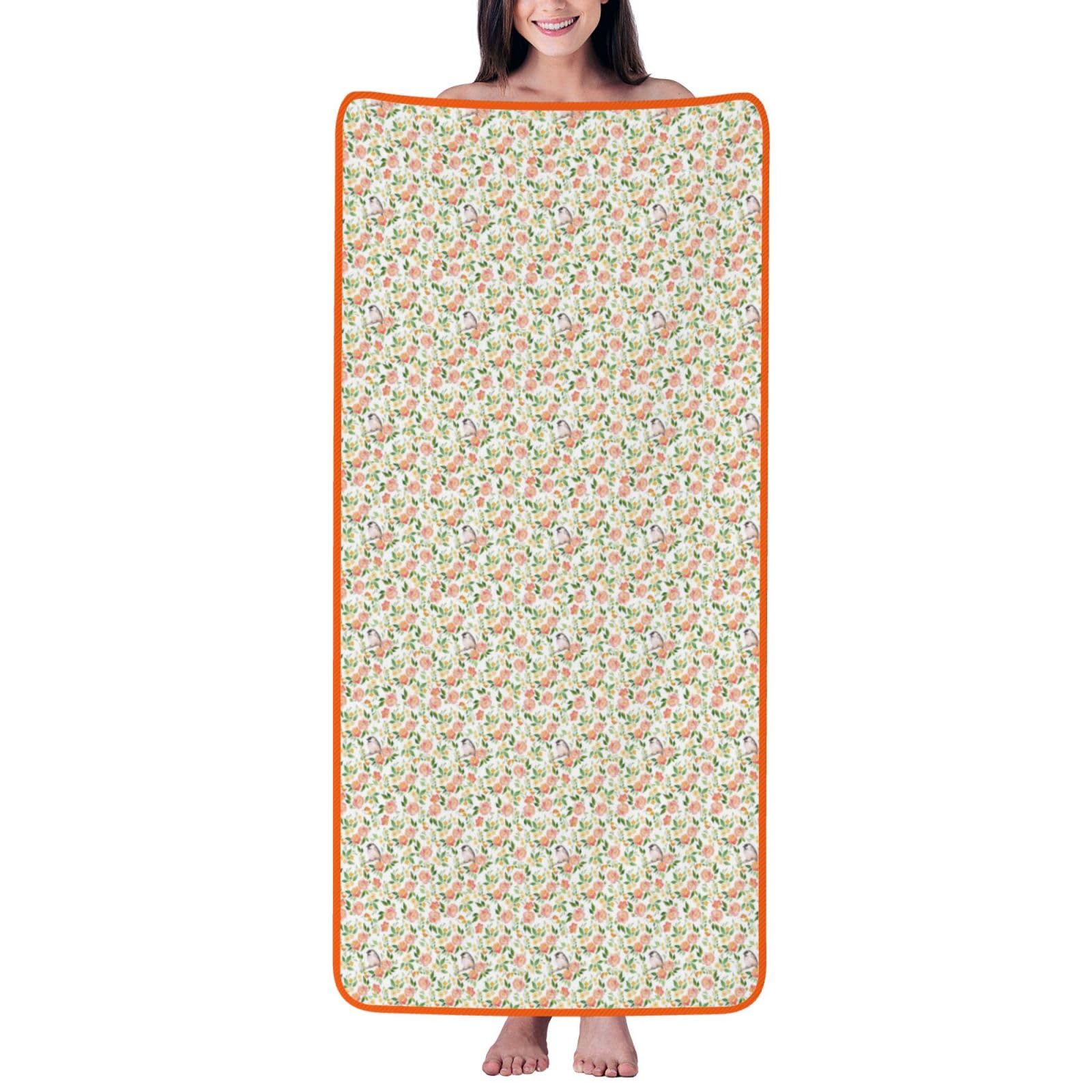 Ztpowqa Women's Orange Flower And Bird Print Coral Velvet Bath Towel For Home Gym Lounging Bathroom Spa Hotel Beach Travel
