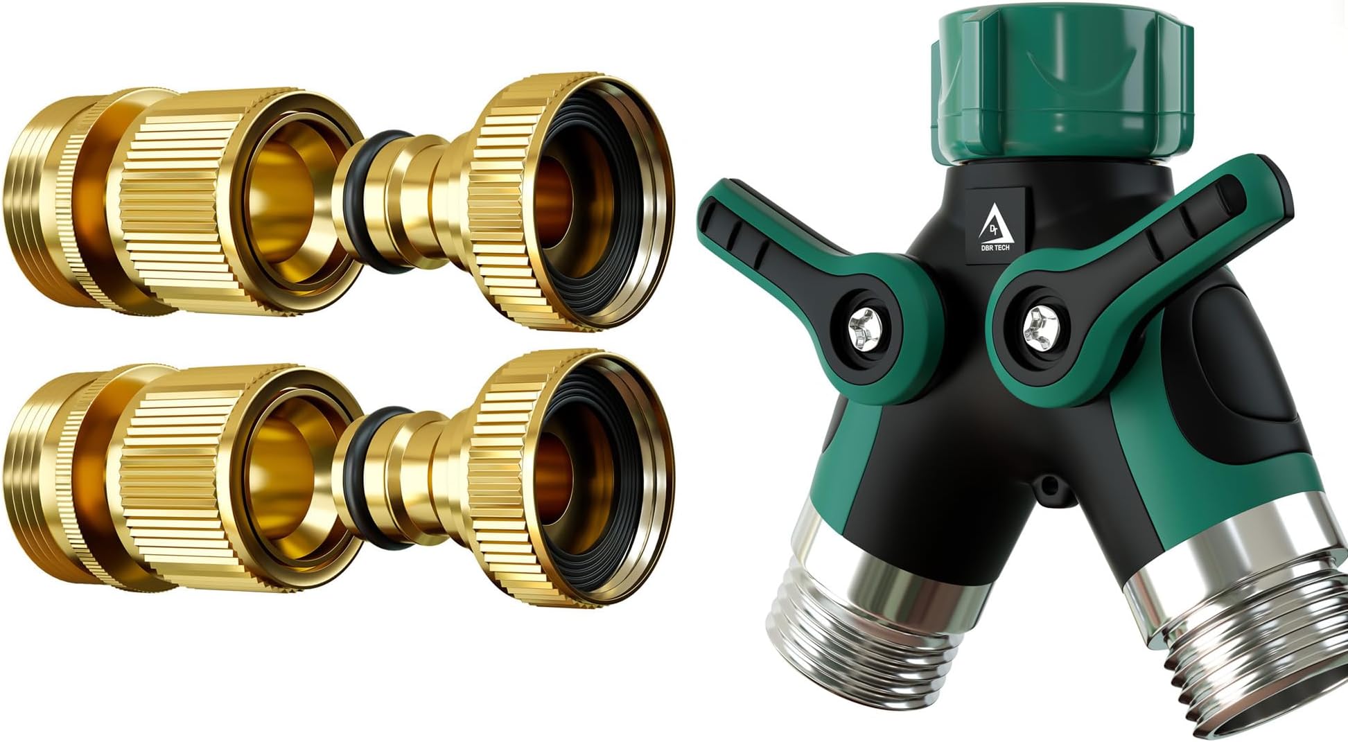 DBR TechHose Splitter 2 Way Green and Quick Connect ET 2 Pack, Bundle
