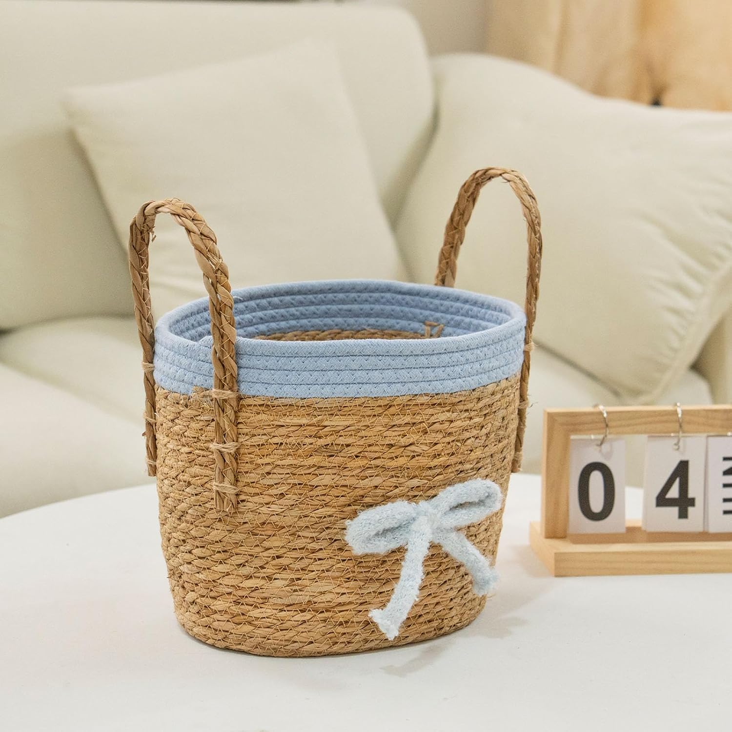Cane and Cotton Rope Contrast-Color Storage Basket Adorable Handled Woven Basket Perfect for organizing toys in children's rooms, desk clutter, and bathroom essentials