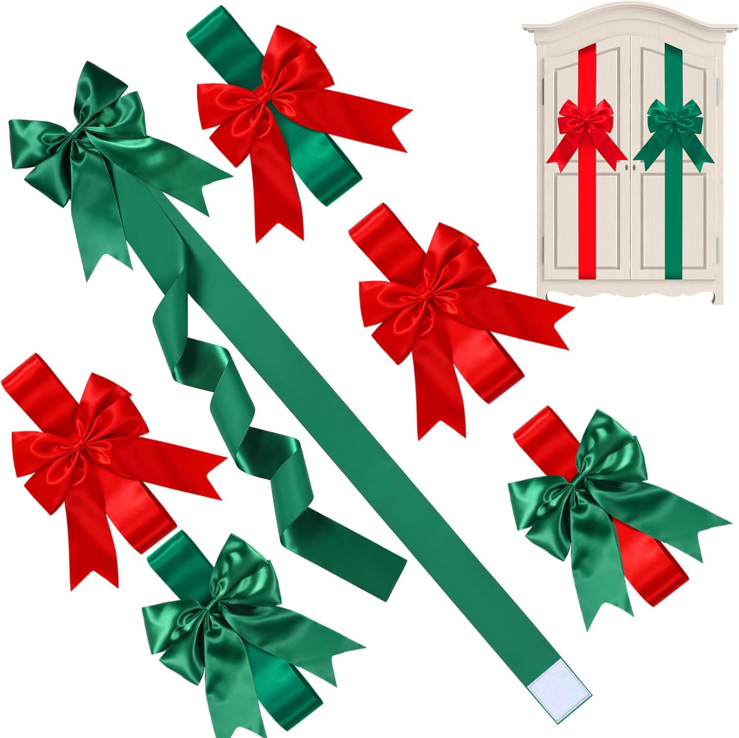 WILLBOND 8 Pieces Christmas Cabinet Ribbons Bows Red and Green Christmas Door Decoration Large Ribbon Cabinet Bows for Holiday Kitchen Accessories