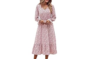 Womens Floral Print Long Sleeve Midi Fall Dress with V-Neckline and Flowy Skirt