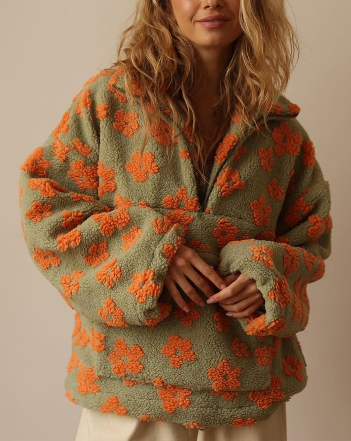 Women's Fall Fleece Sweatshirts Cute Floral Printed Half Zip Pullover Long Sleeve Y2k Sherpa Coat with Pocket(Green,XL)