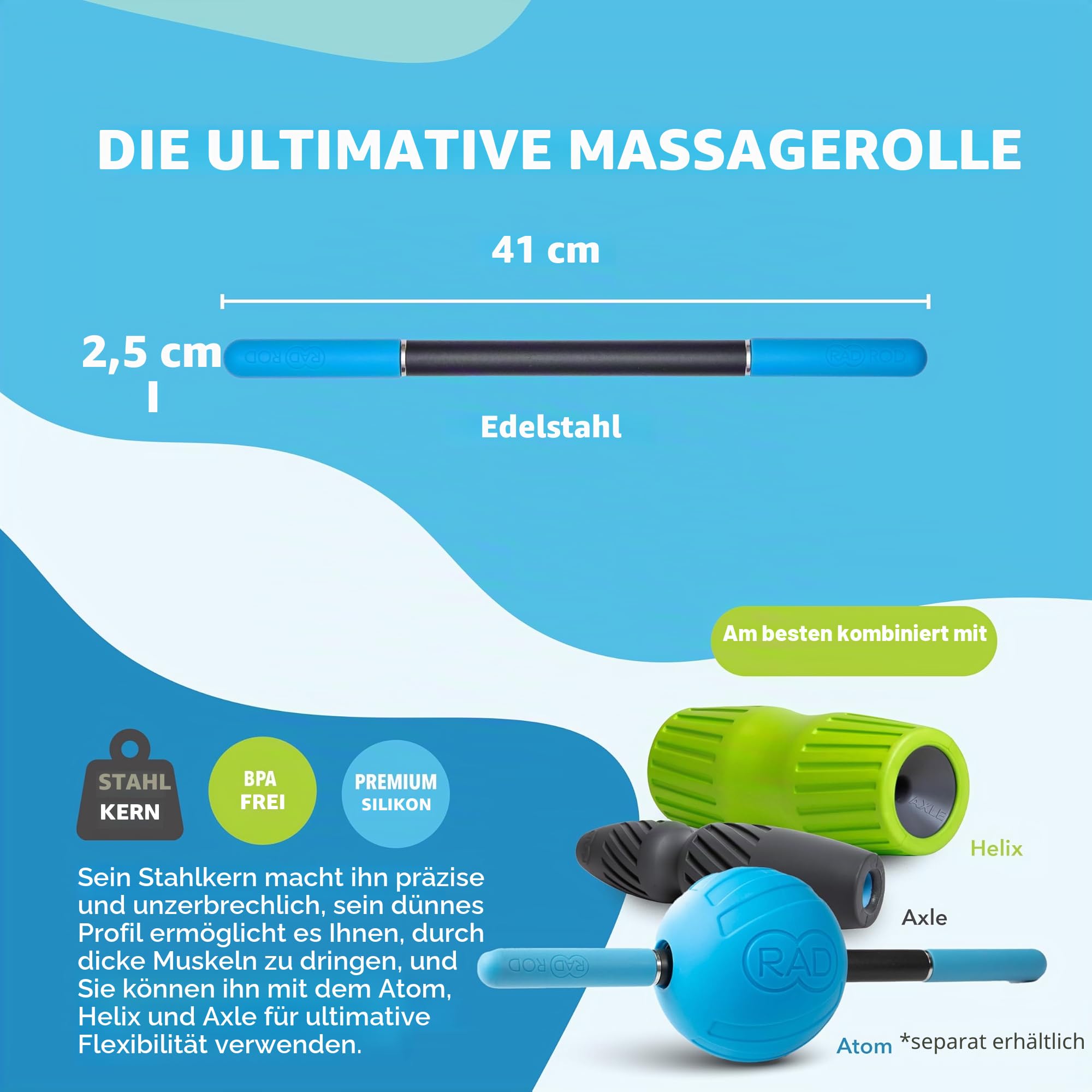 RAD Rod Mini Faszienstick ✓ Premium Faszienstick I Massagestab mit Stahlkern ✓ Selbstmassage, Beweglichkeit und Erholung