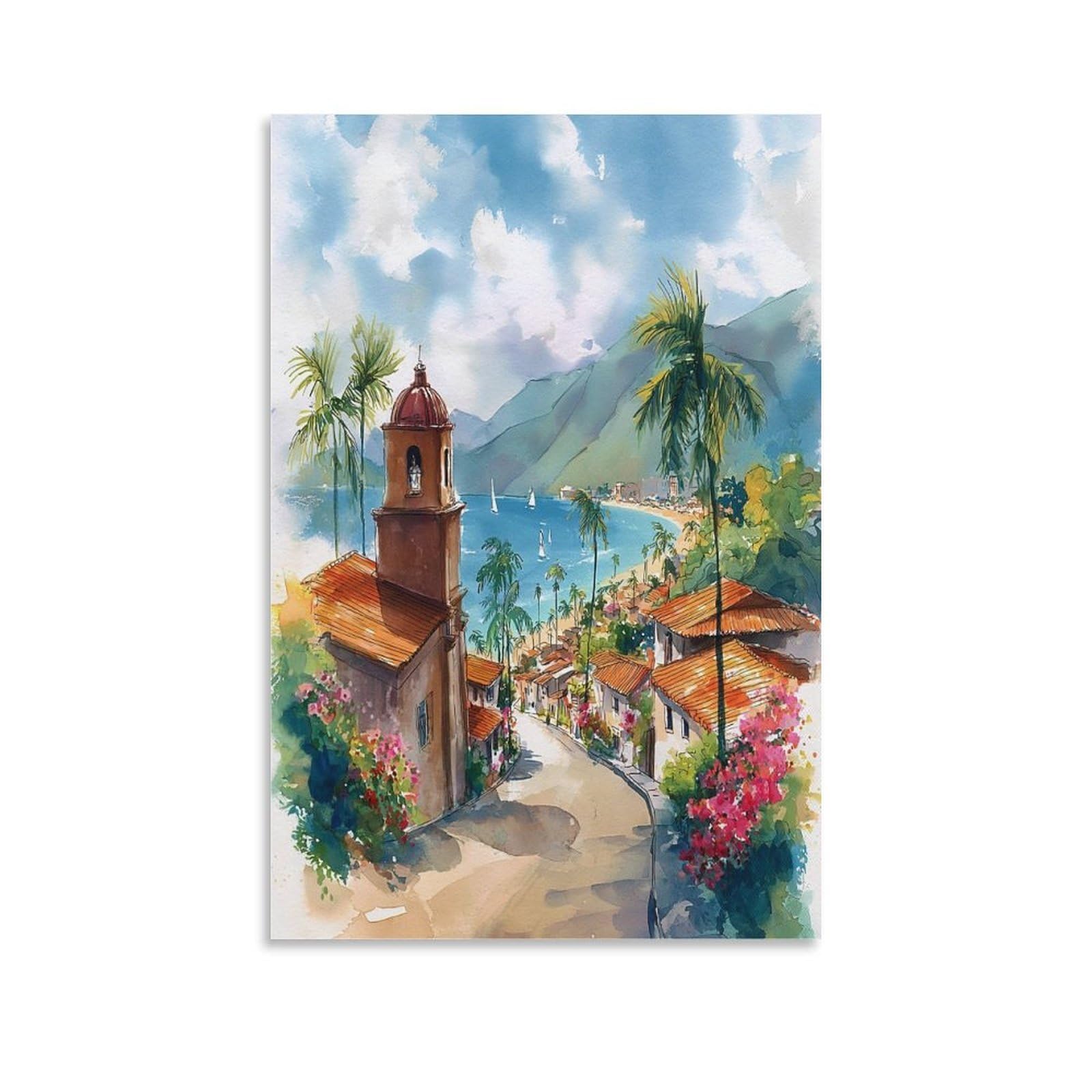 LCYNNH Puerto Vallarta Watercolor Painting 24x36inch(60x90cm) Vintage Travel Poster Watercolor Canvas Art