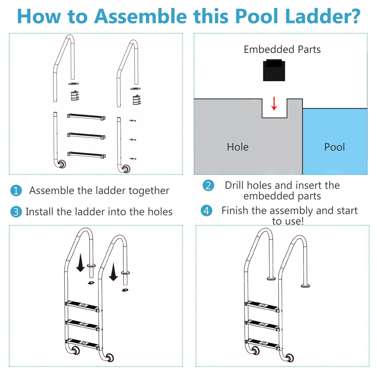 LIFEZEAL Échelle de Piscine 3 marches Acier Inoxydable, Échelle en U avec Marches Antidérapantes