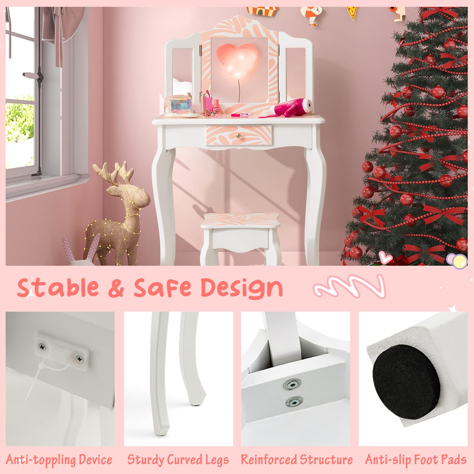 GOPLUS Tocador Infantil de Madera, Tocador de Maquillaje Princesa con Taburete y Espejo, Placa Extraíble, Mesa de Cosméticos con Cajón, 60 x 27,5 x 97,5 cm (Cebra Rosa)