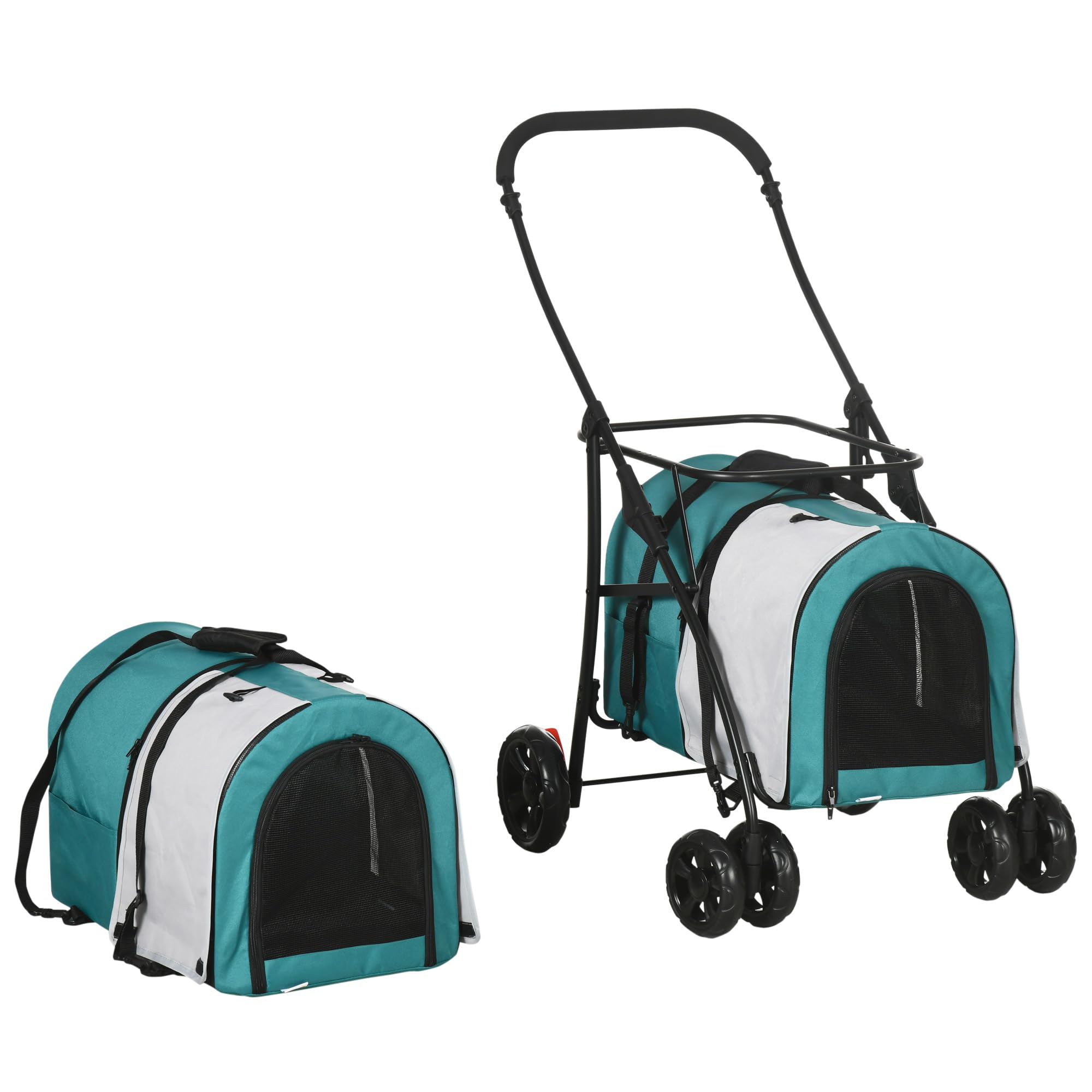 PawHut Carrito Doble para Perros Gatos Cochecito Plegable para Mascotas con 2 Transportines Extraíbles Cinturón de Seguridad Bolsillos Laterales y 2 Cojines Cada Carga 10 kg 66x50x98 cm, Verde