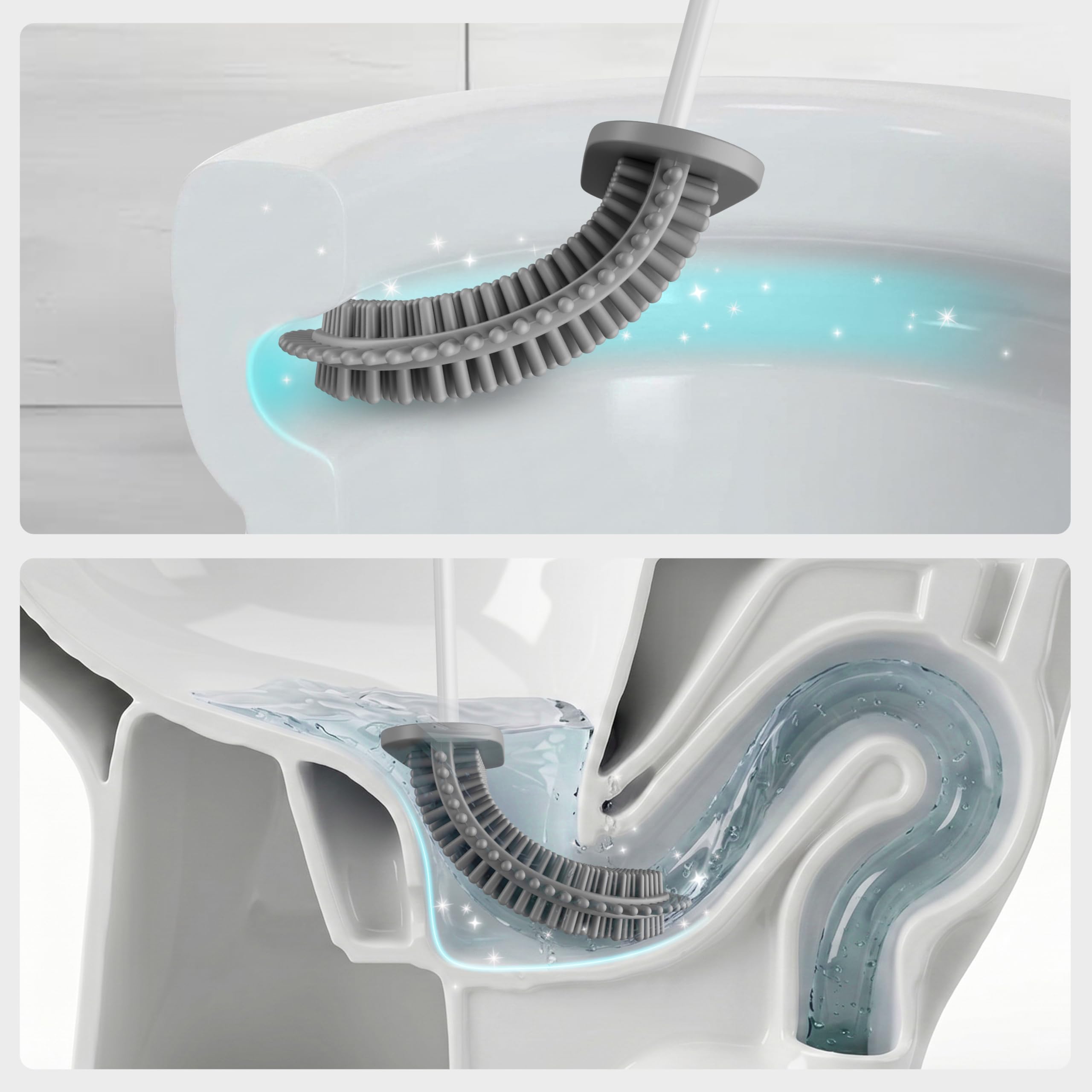 Brosse Toilettes WC Silicone avec Support - Brosse WC Silicone Plate, sous Le Rebord - Brosse WC Murale sans Perçage - Rinçable, sans Gouttes - Porte Brosse WC Suspendu, Lot de 2, Blanc