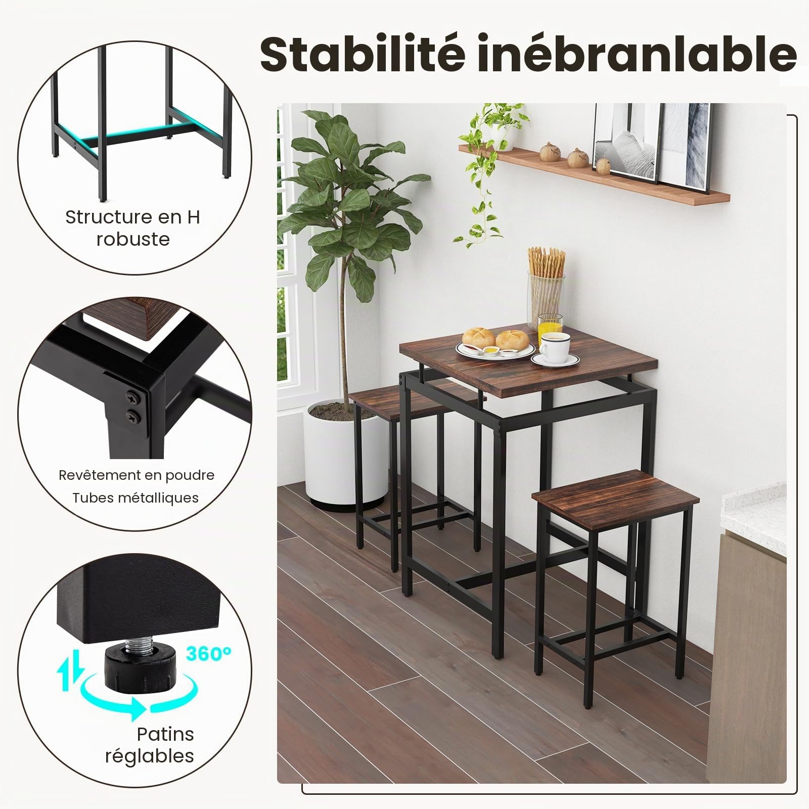 GIANTEX Table de bar avec tabourets de bar, table à manger et 2 chaises, petite table de cuisine de hauteur de comptoir, table haute avec plateau flottant, ensemble de salle à manger, design