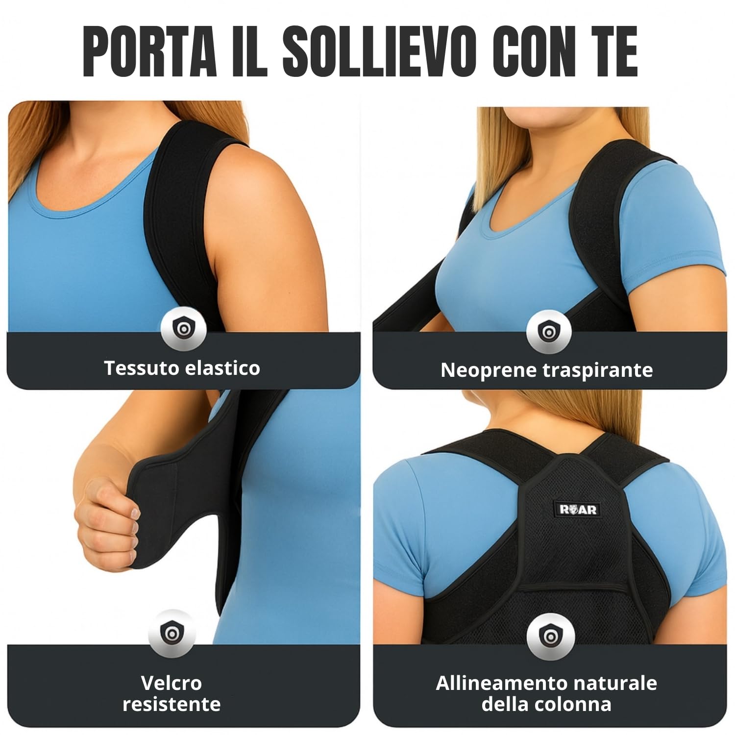 Roar® Busto correttore posturale uomo donna – Fascia posturale spalle e schiena – Raddrizza schiena e spalle – Dispositivo postura corretta traspirante regolabile
