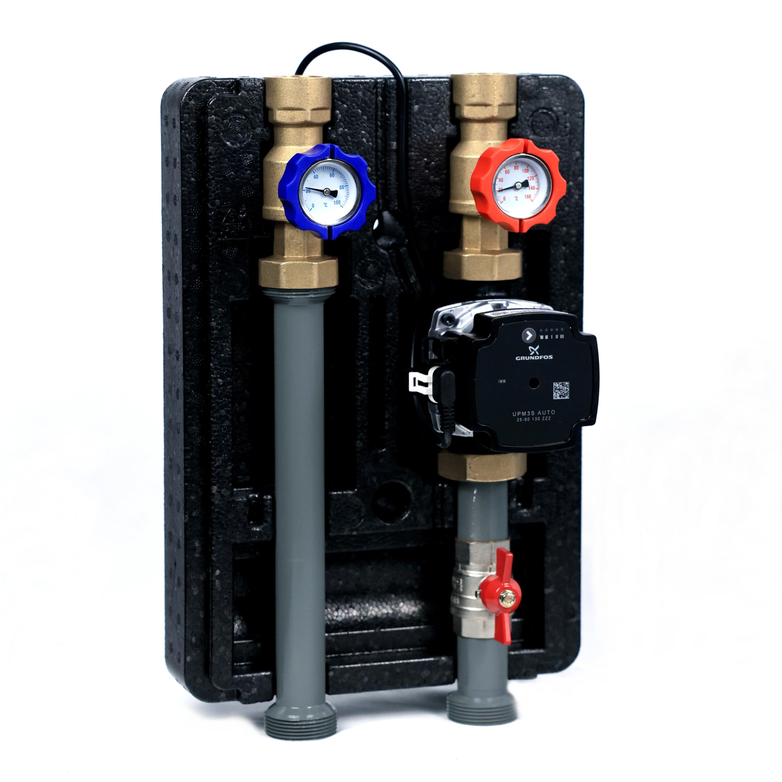 SUNEX® Pumpengruppe für Heizkreis GPO DN25 mit GRUNDFOS UPM3S Auto 25-60 Umwälzpumpe – Heizkreisstation mit Wärmedämmung, Thermometern & Rückschlagventil, AG 1½″ / IG 1″, max. 6 bar, 90 °C