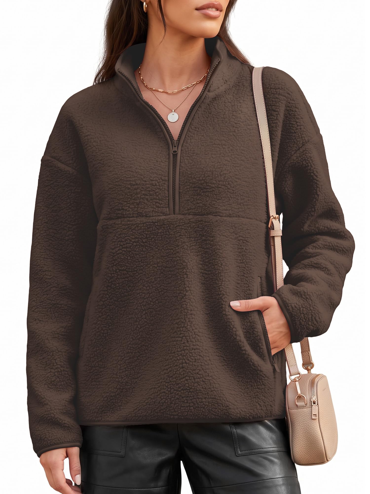 Fleecejacke Damen Teddyjacke Halbzip Stehkragen Winterjacke Damen-Jacken | Teddy Jacke Damen Fleece Pullover Flauschig Kuscheljacke für Winter Alltag, Reisen, Outdoor, Wandern und Freizeit