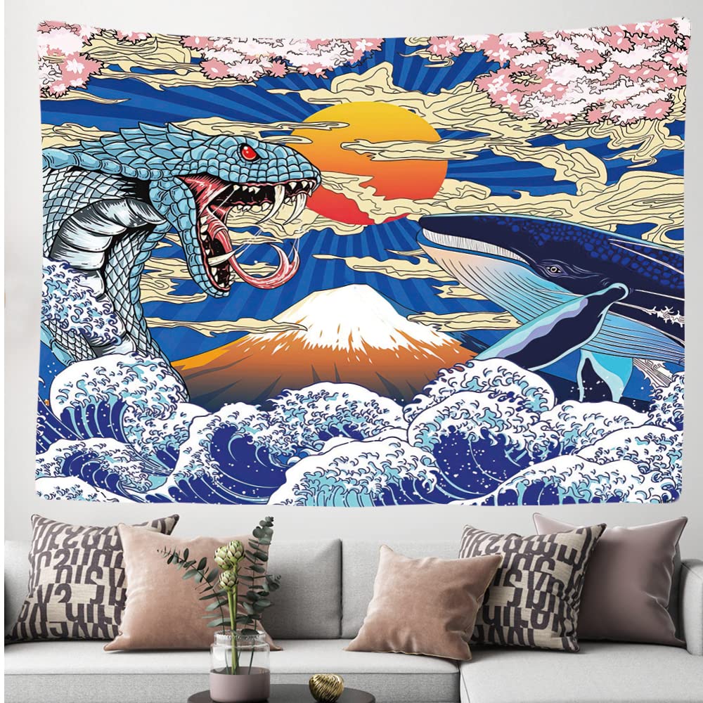 Ulticool - Appeso a Parete Decoración Casa - Serpiente Ballena Japón Arte - 200 x 150 cm Grande – Murales Alfombra Tapiz Pared - Tapices Decorativo para Habitacion Dormitorio Salon