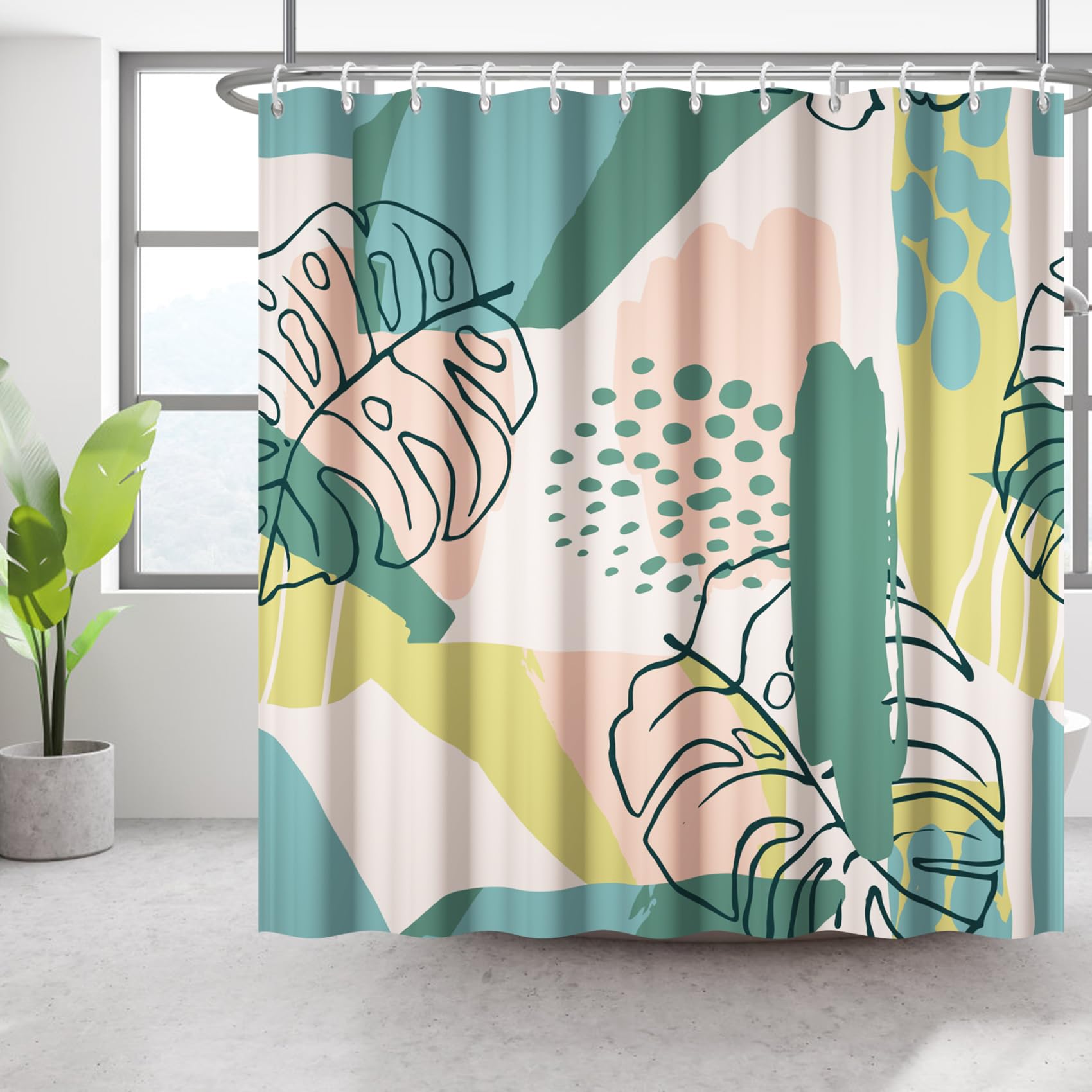 Bovlleetd 72x72inch Abstract Plant Bath Curtain Waterproof Boho Botanical Shower Curtain Watercolor Mid-Century Tropical Plant Shower Curtains Washable Bathtub Curtain — image 1