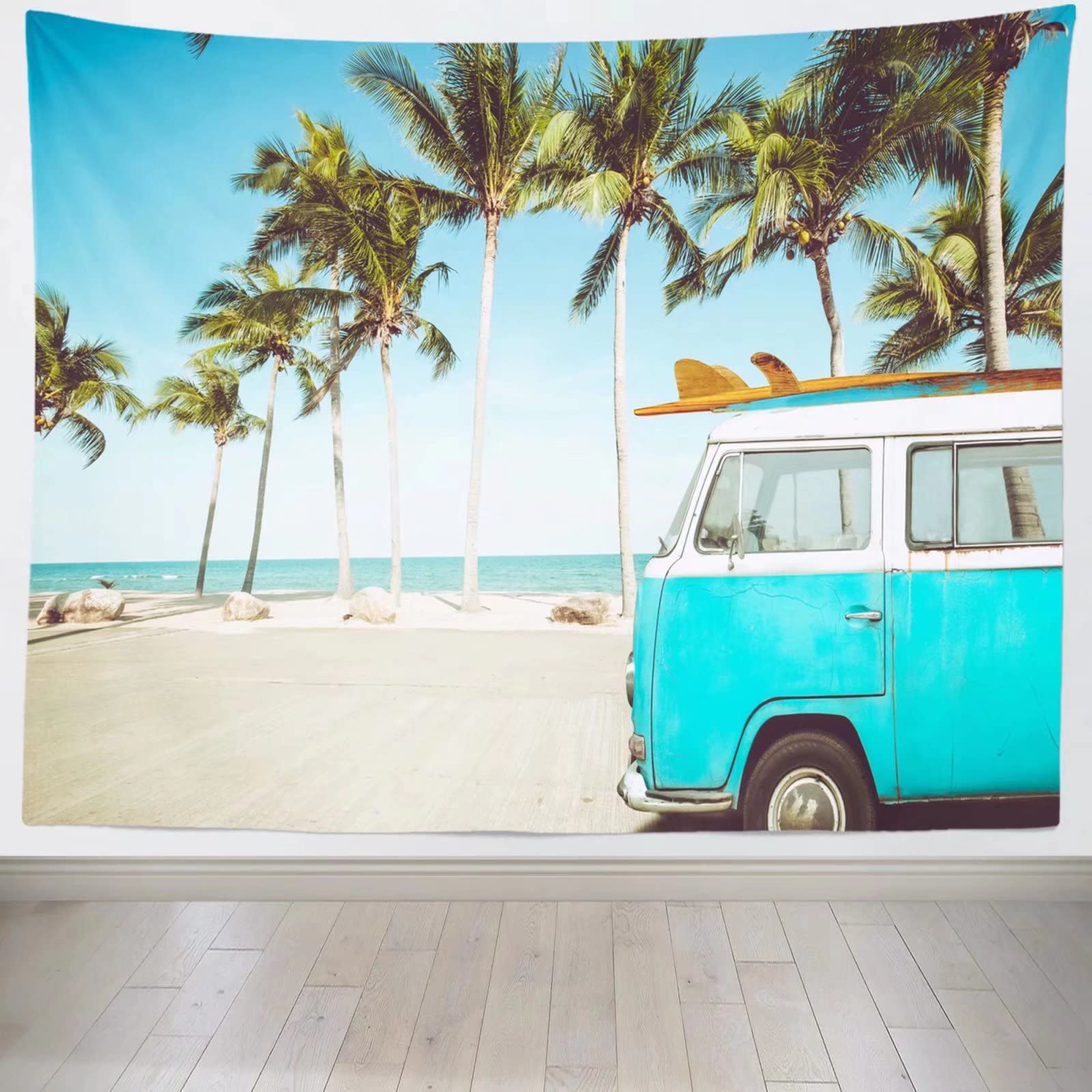 Loccor Tropical Beach Tapestry Photo Backdrop Vintage Car in Beach Surf Summer Hawaii Tapestry Wall Hanging for Bedroom Living Room College Dorm